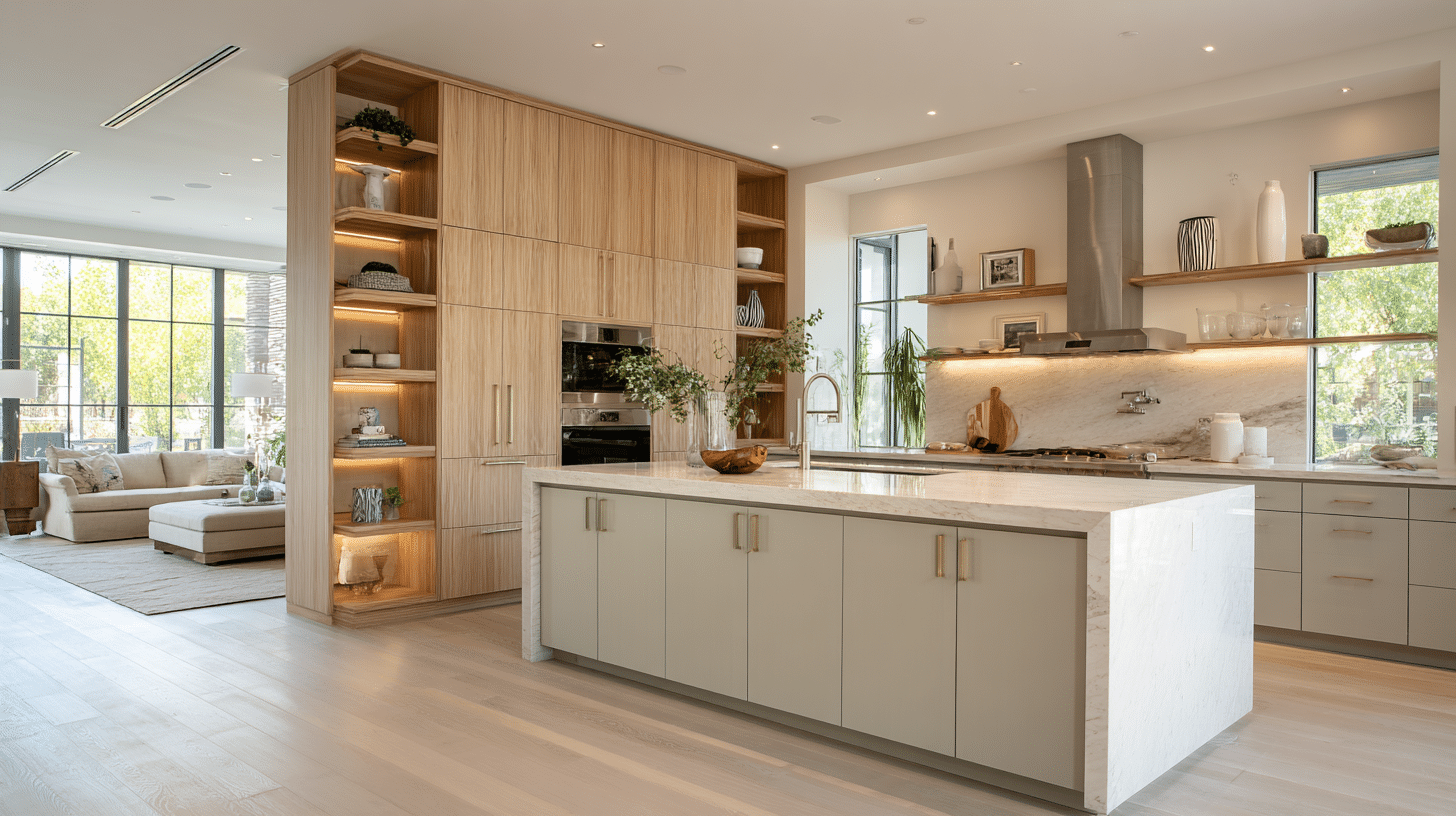 open kitchen with a tall storage tower divider