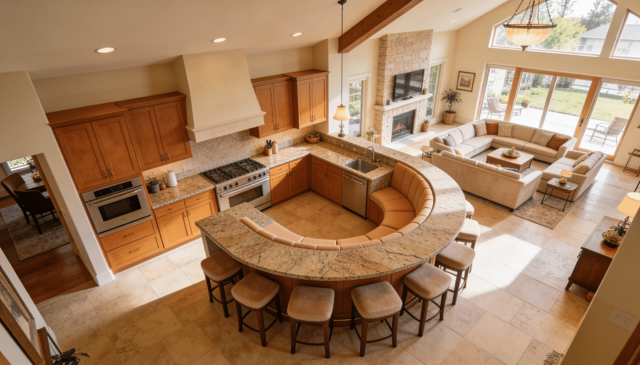 open kitchen with wraparound seating