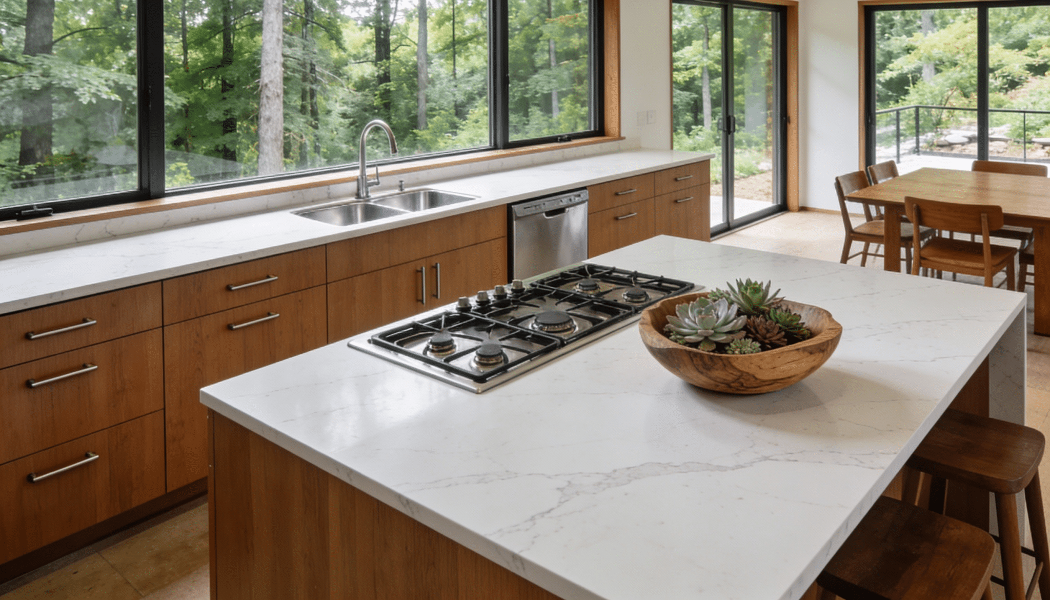 open kitchen with wraparound seating