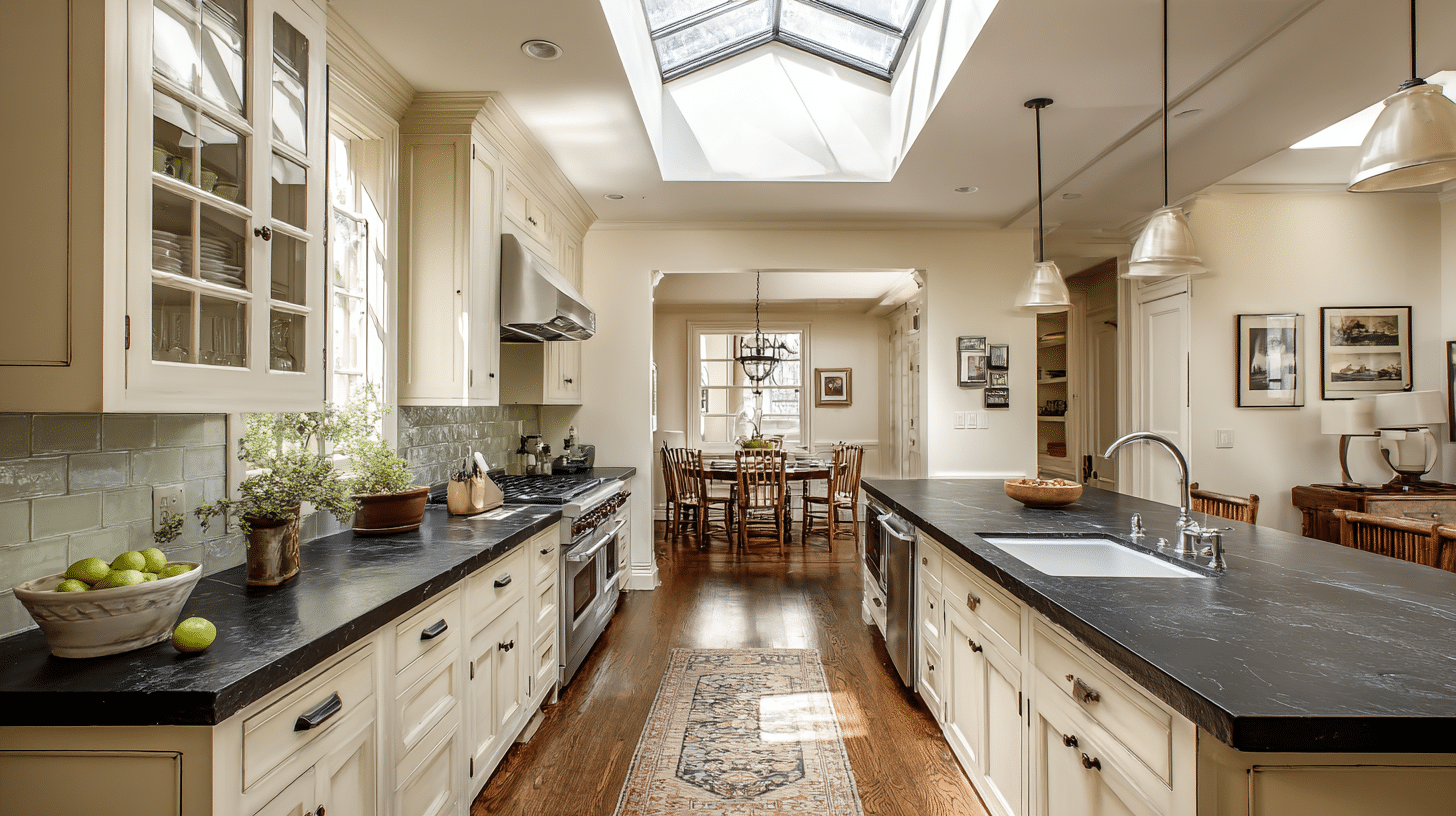 wide galley layout with island