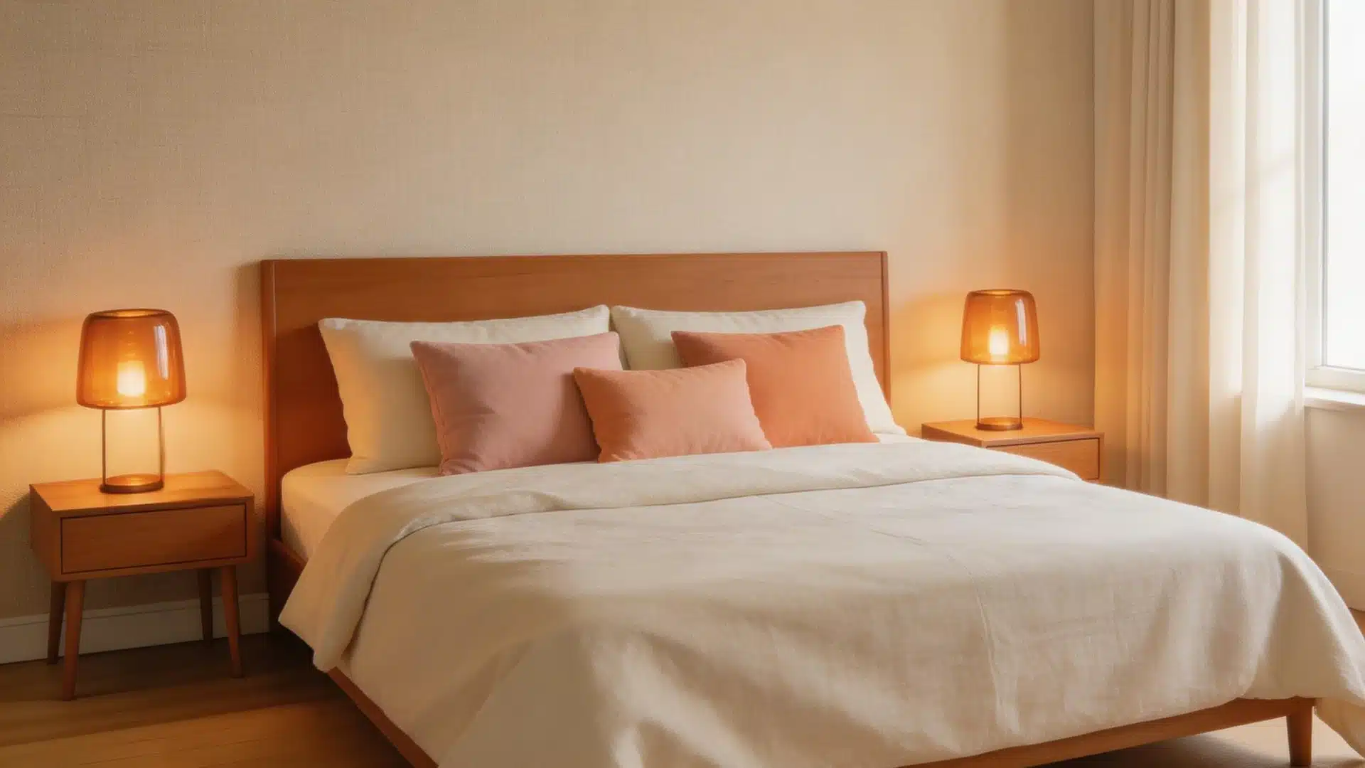 A bed with peach pillows and white bedding sits between two glowing orange lamps on wooden side tables in a bedroom