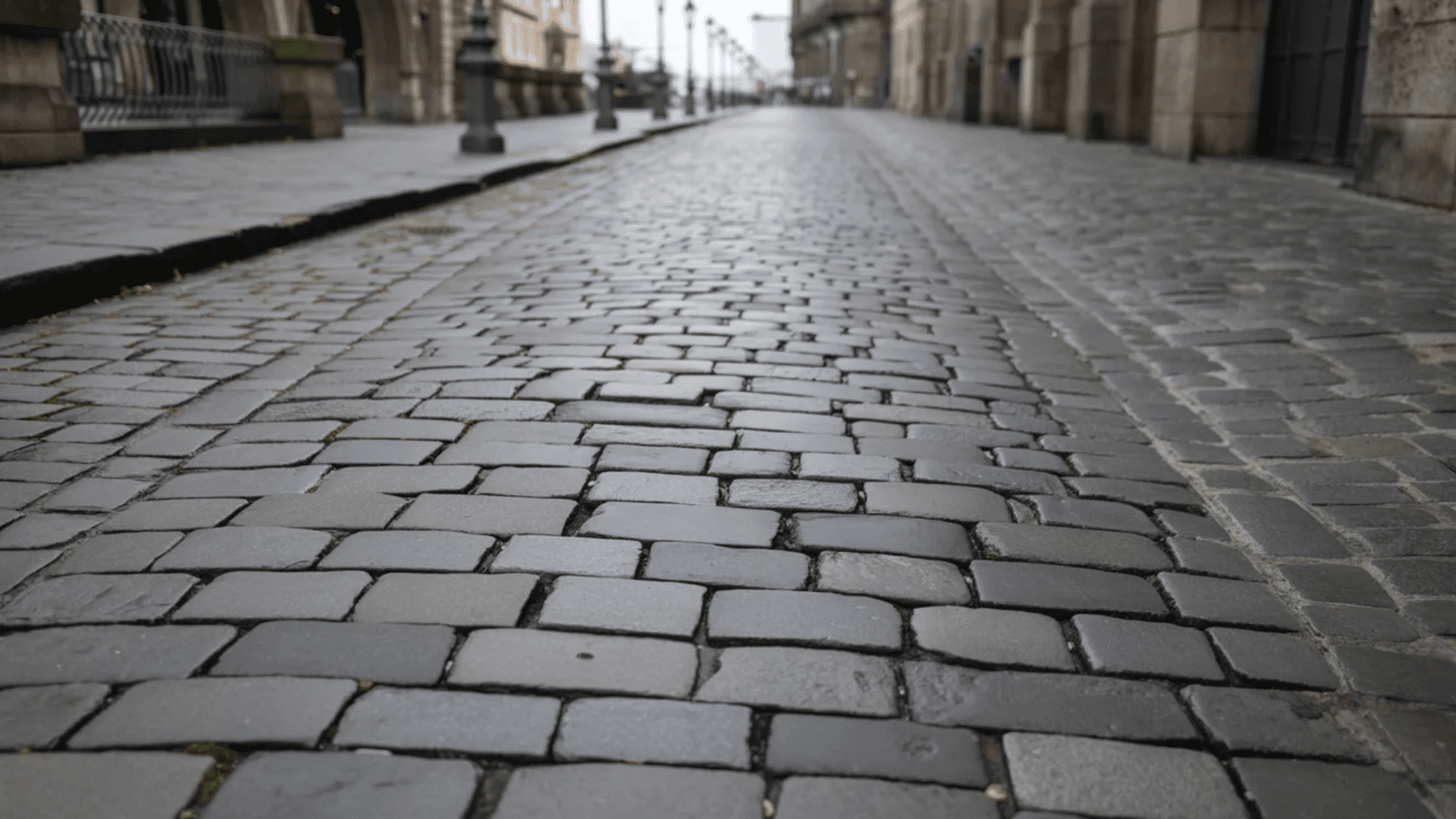 A black and white photo of a cobblestone street, showcasing its textured surface and historic charm