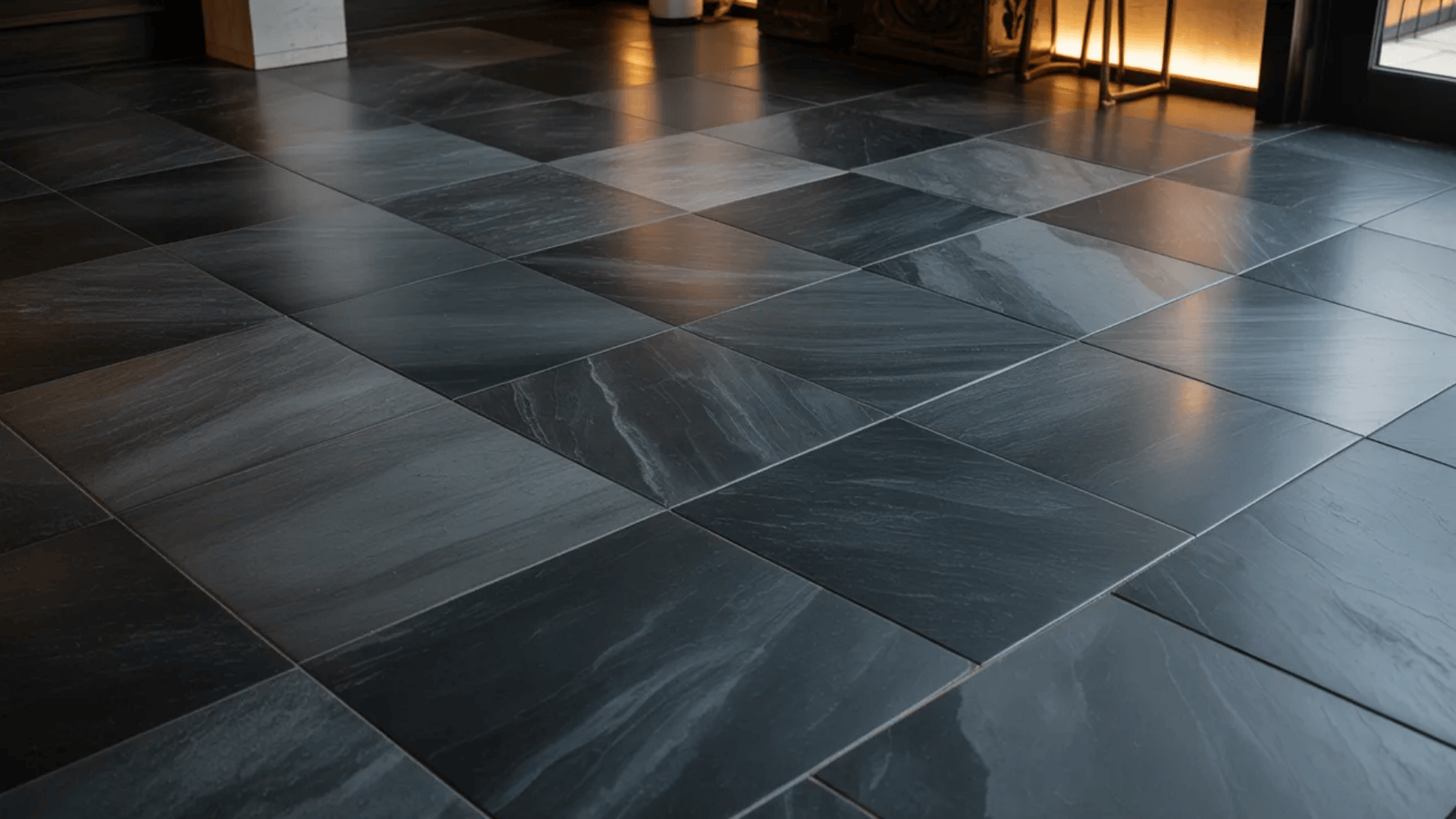 A black marble floor illuminated by natural light streaming through a large window