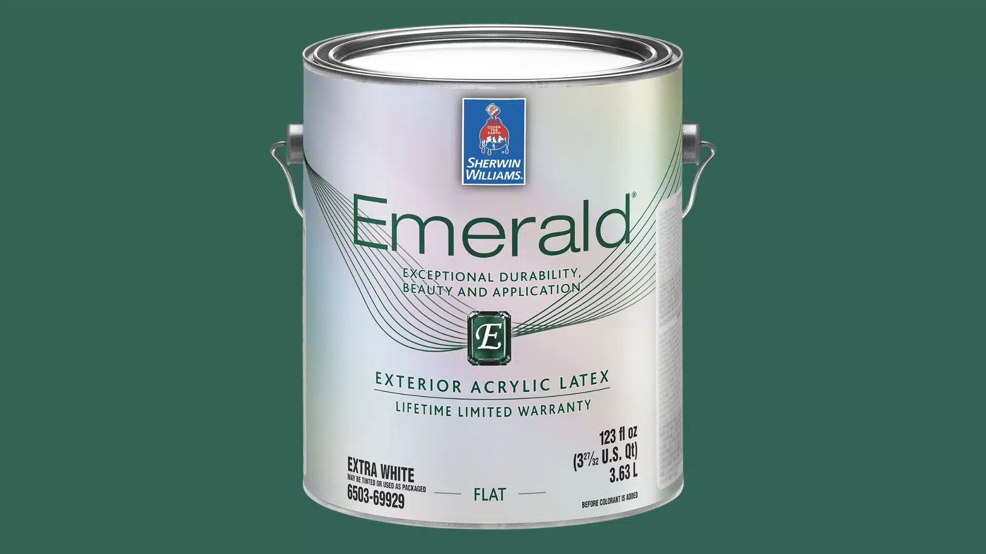 A can of Sherwin-Williams Emerald Exterior Paint displayed against a matching green background