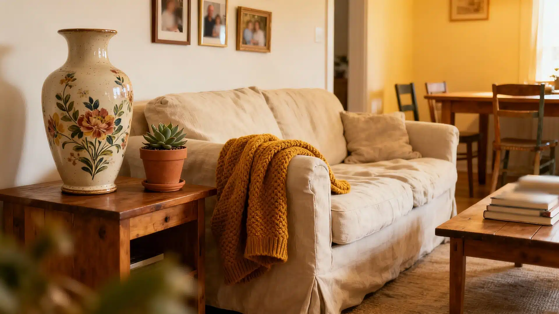 A cozy living room with a beige sofa with an orange knit throw, beside a wooden table holding a large floral vase with a dining area visible in the background