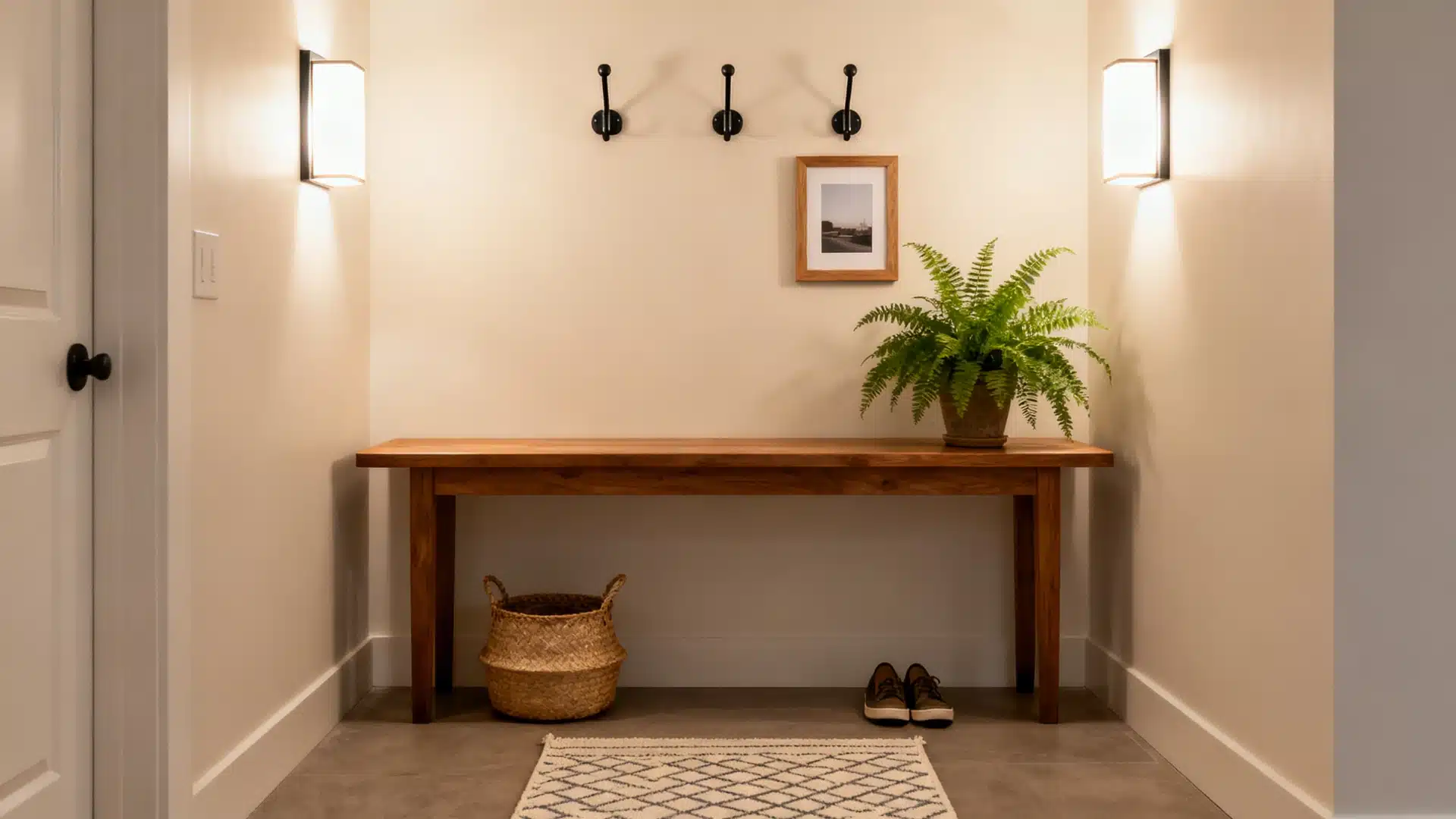 A entryway features a long wooden table with a potted fern, three black coat hooks, and a framed picture on a cream-colored wall above a woven rug, basket, and pair of shoes