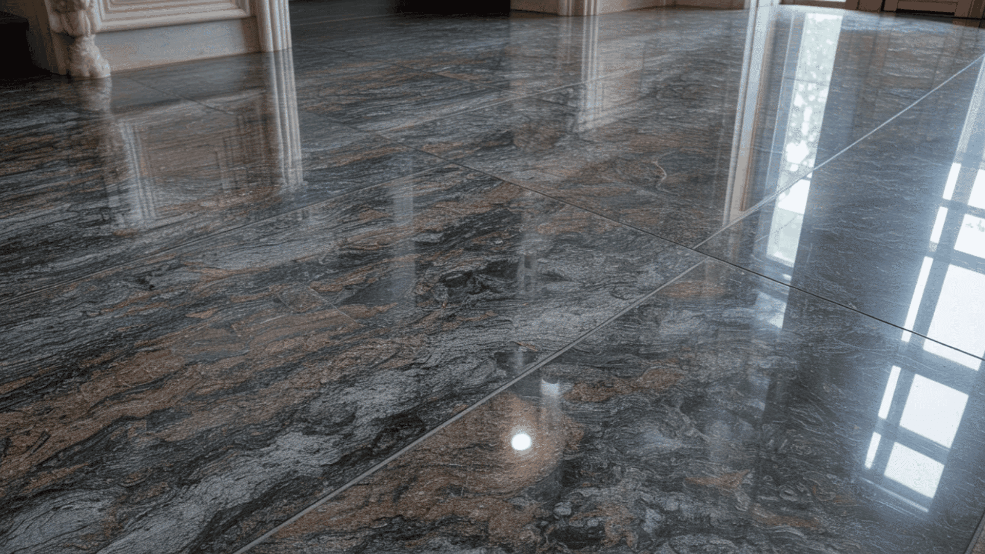A gleaming marble floor showcasing a clear reflection of the room above it