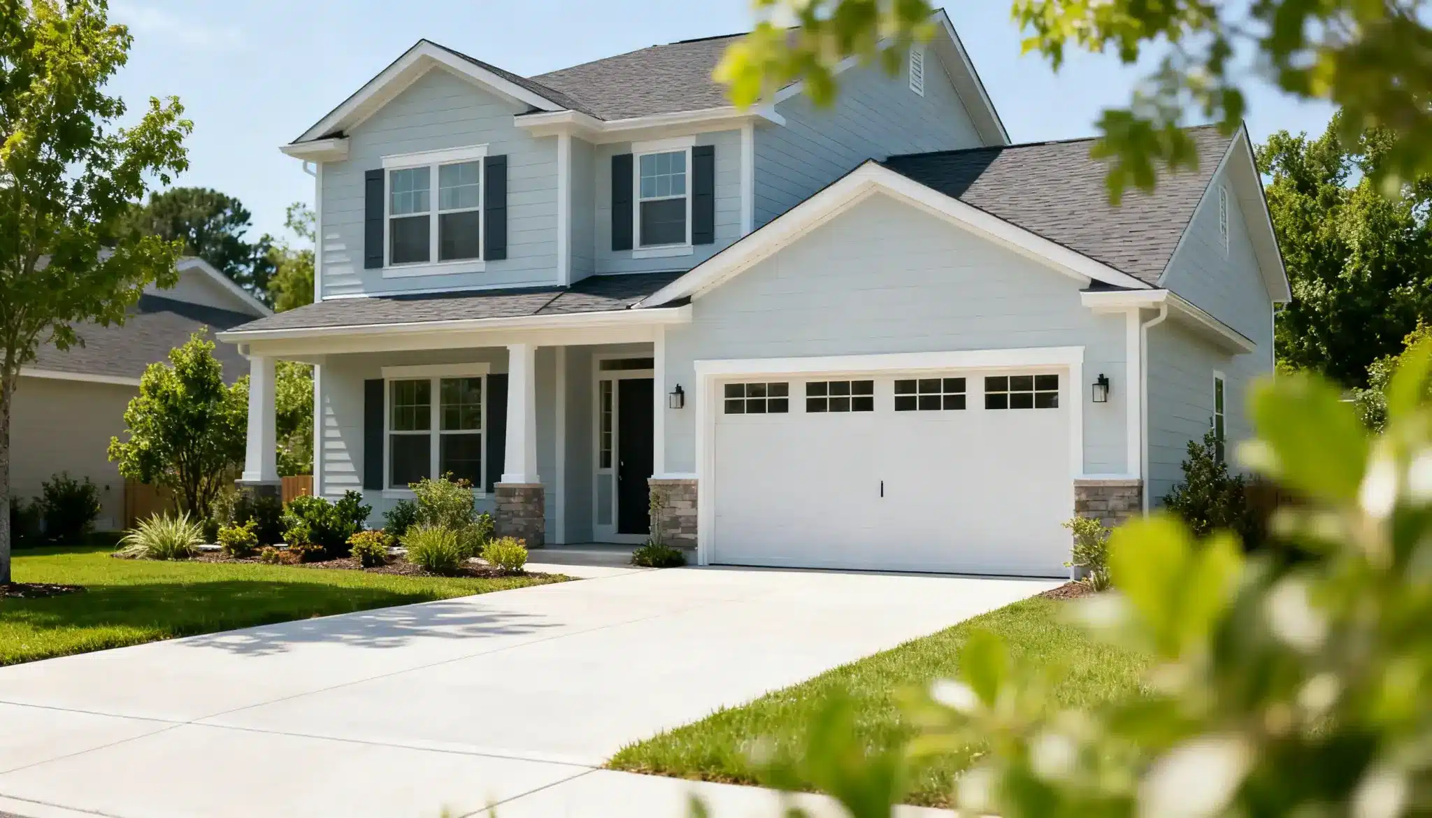 A home featuring a garage and driveway, showcasing the best exterior paint for an appealing look