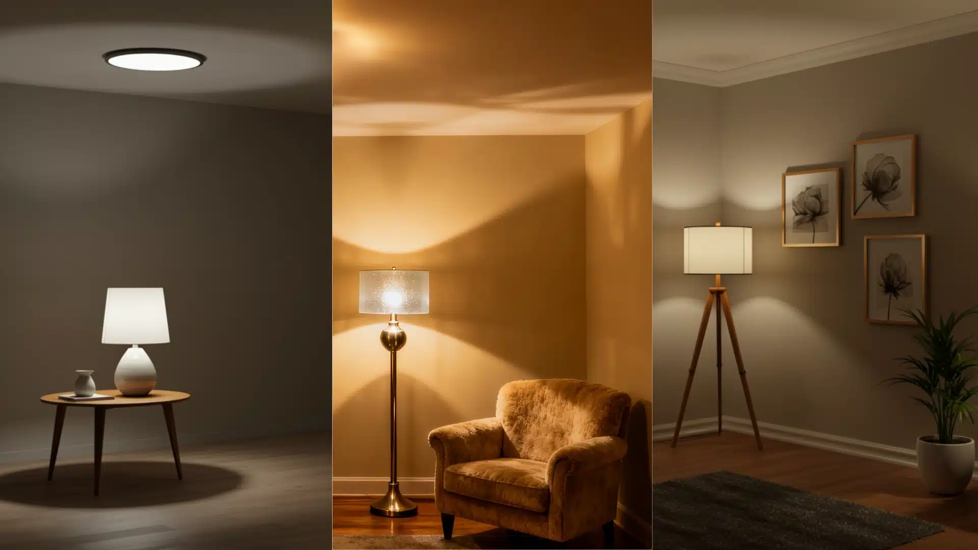 A interior lighting setups- a ceiling light and table lamp, a floor lamp beside a velvet armchair, and a tripod floor lamp with framed art