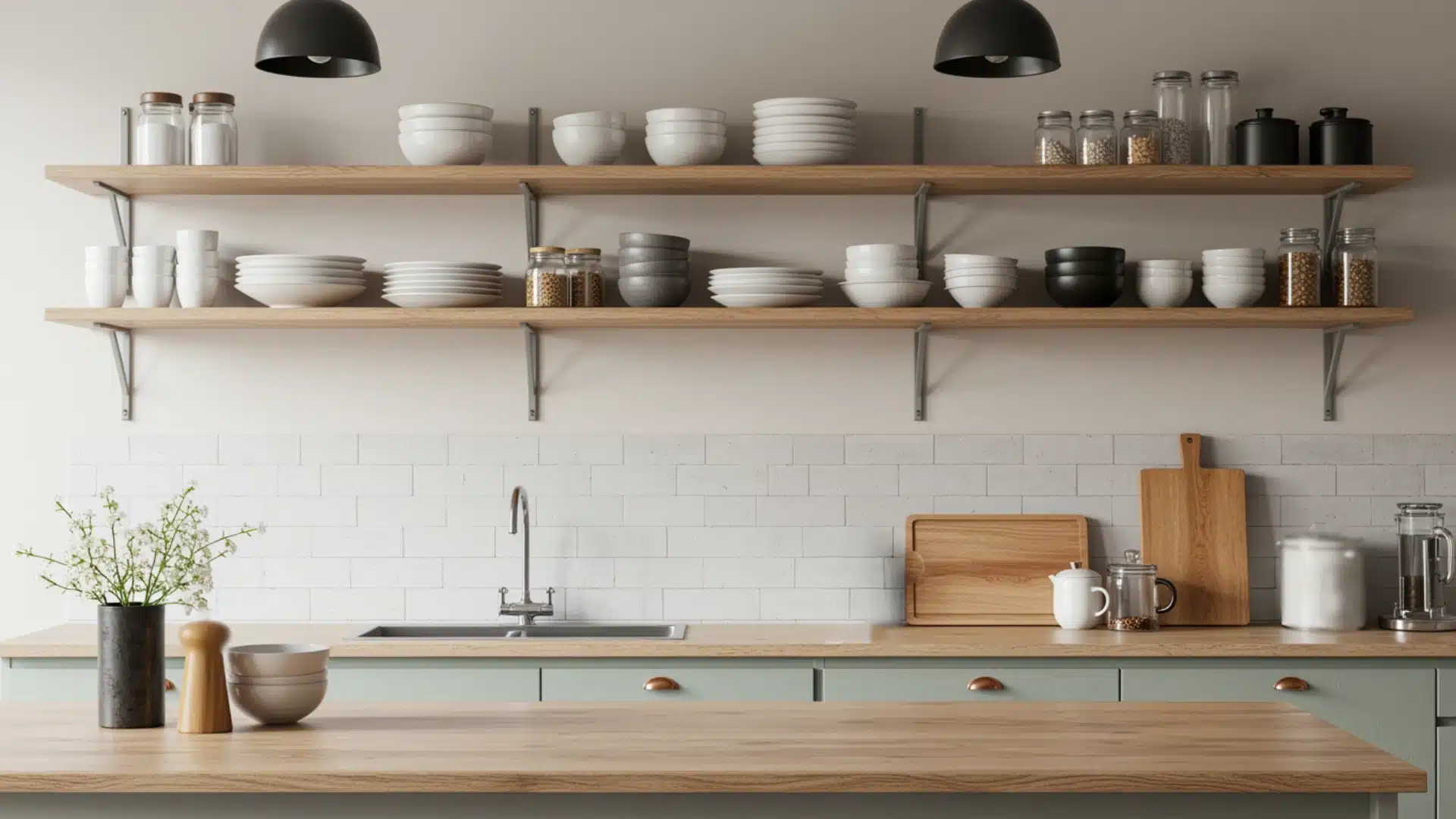 A kitchen counter with a wooden surface, white subway tile, open wooden shelving, and black pendant lights overhead