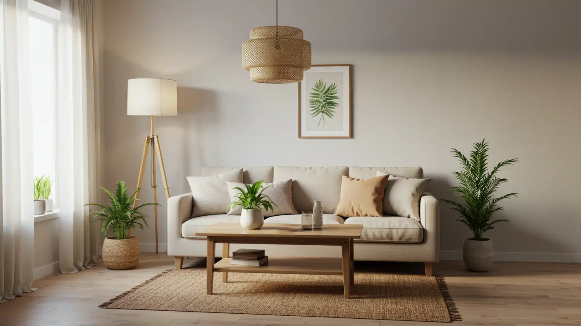 A living room featuring a beige sofa, coffee table, woven rug, tripod floor lamp, and several potted green plants against a neutral wall