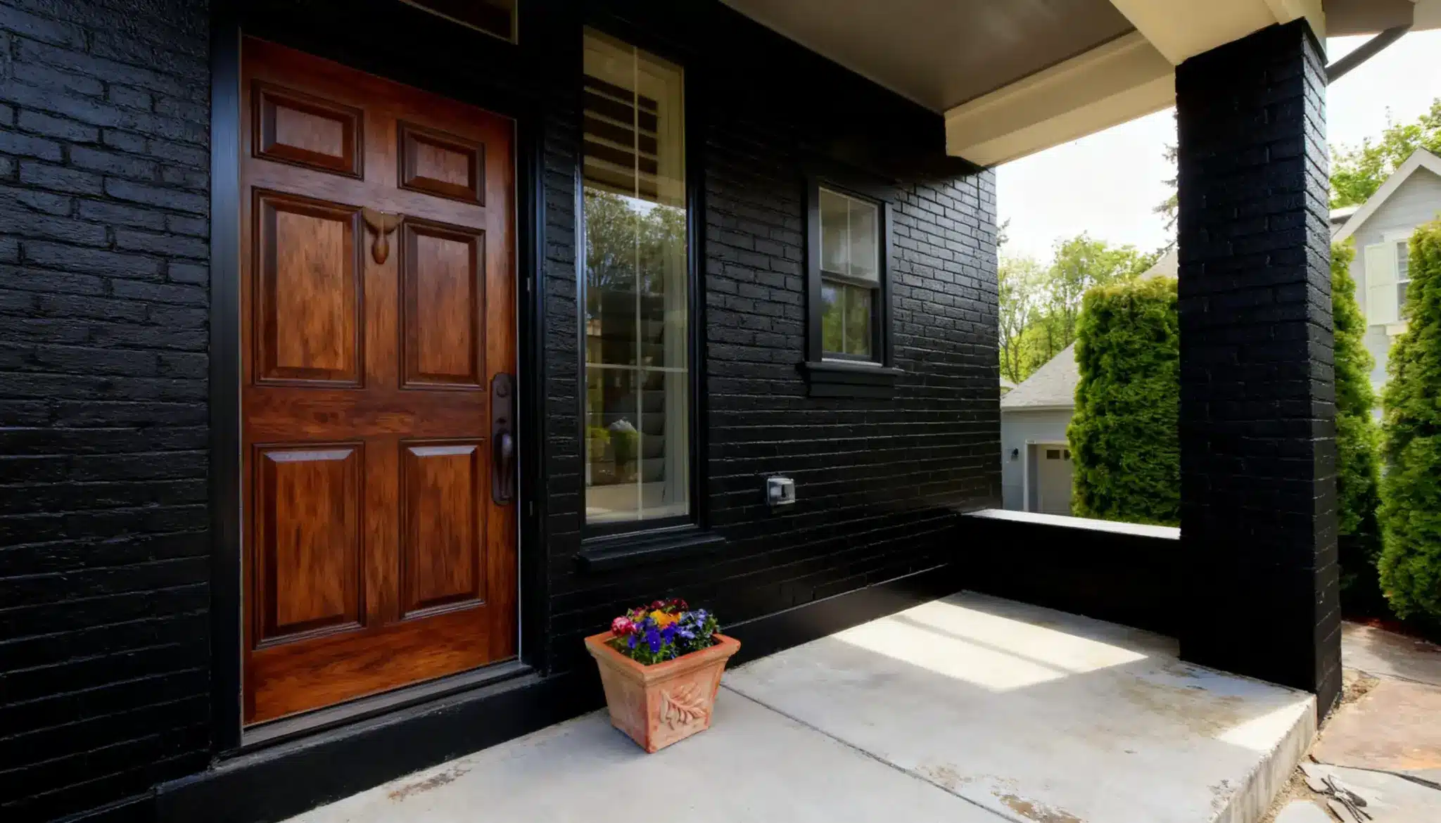 A matte black brick house with a wooden door, window glass elements and a colorful flower pot on the porch.