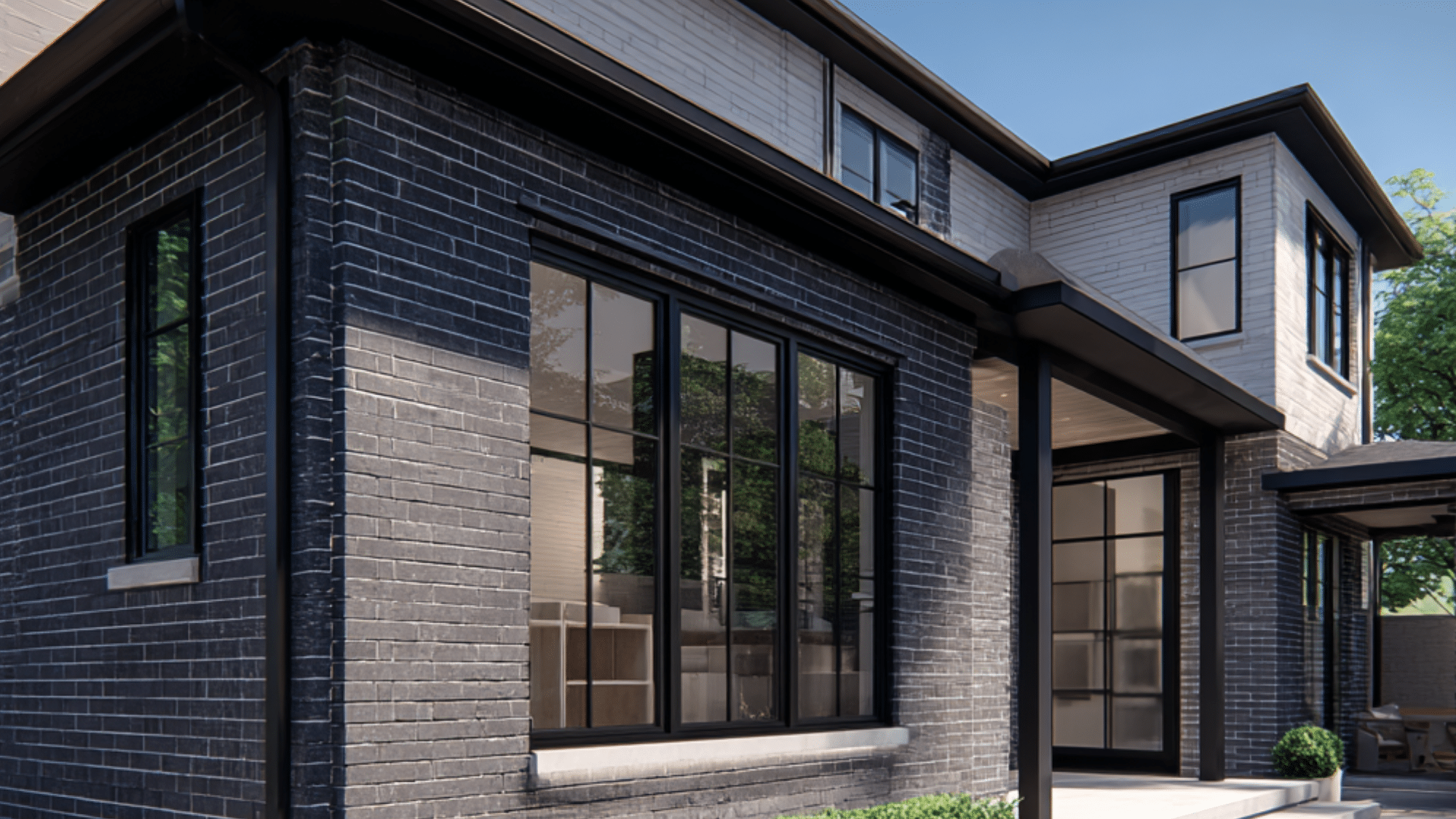 A modern dark brick house features large black windows a stone walkway and green hedges under a clear bright blue sky