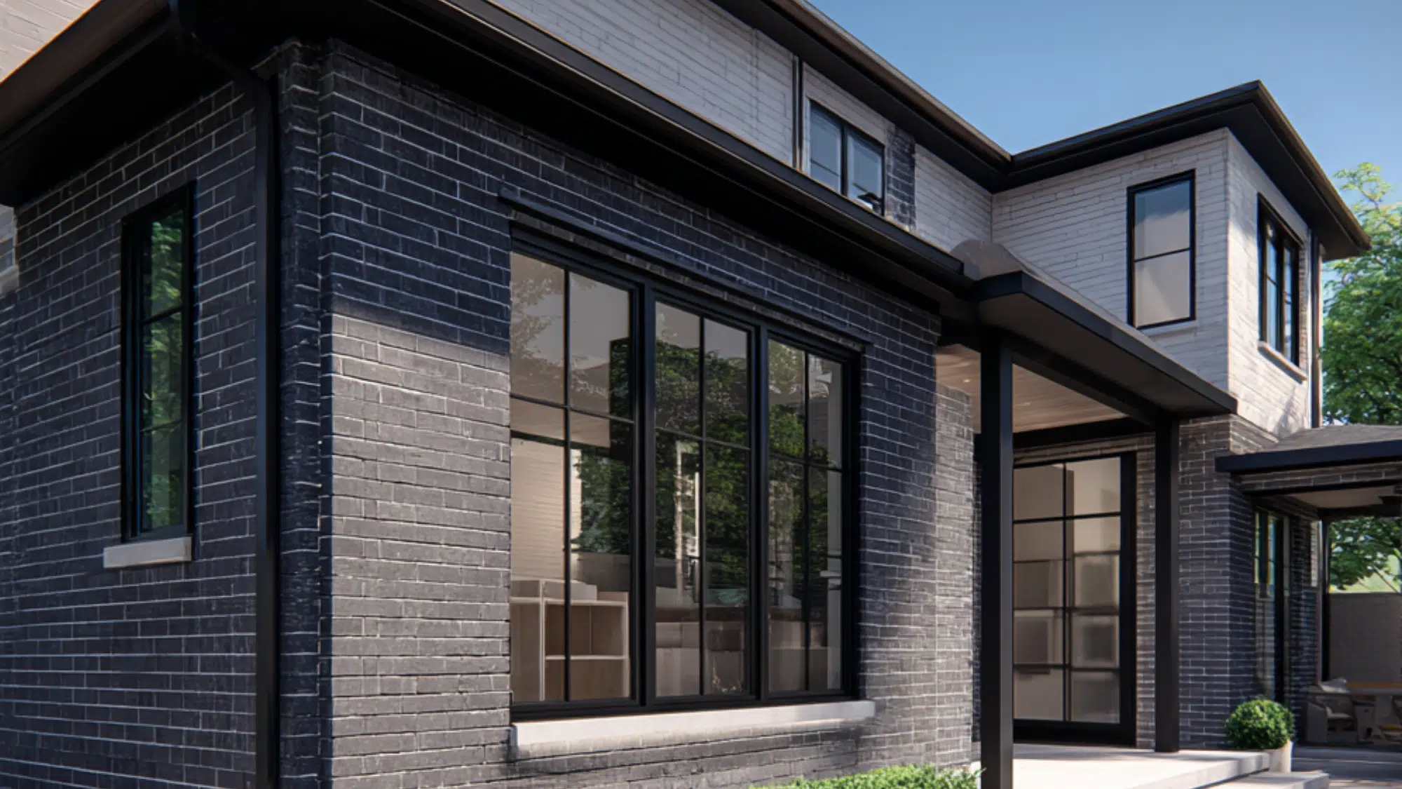 A modern dark brick house features large black windows a stone walkway and green hedges under a clear bright blue sky