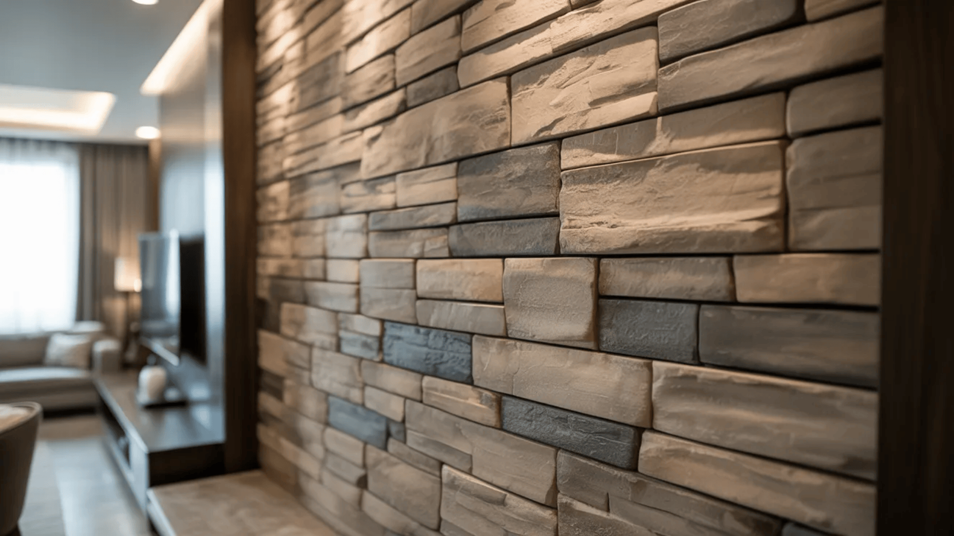 A modern home features a stylish stone wall