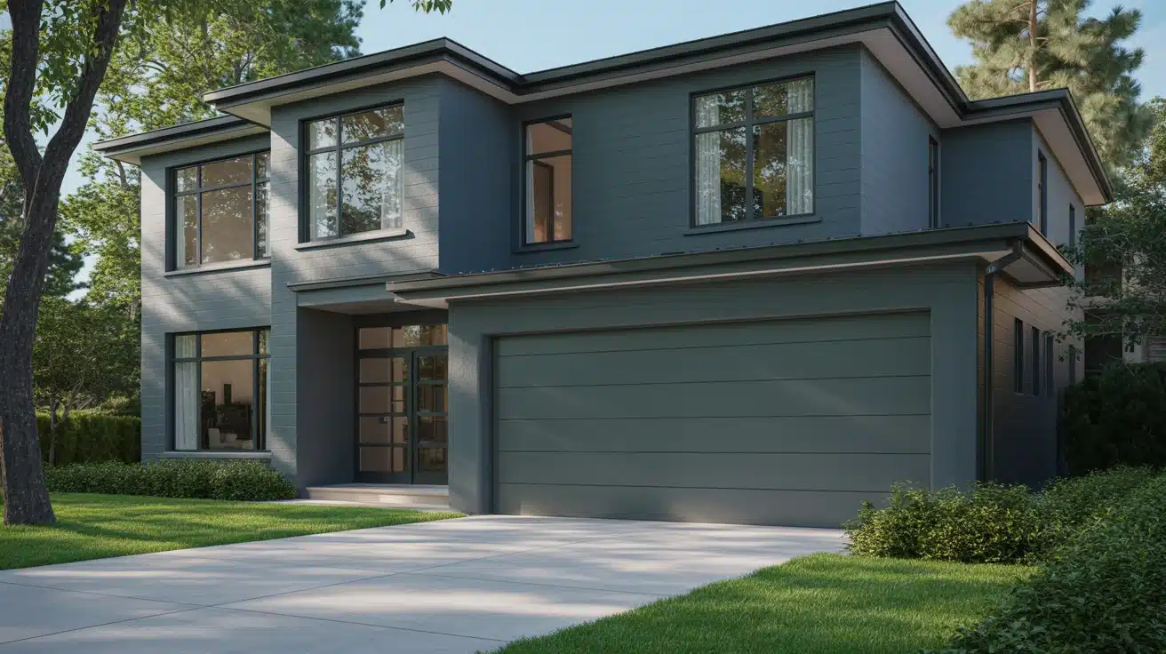 A modern home with bold bright exterior paint, featuring a garage and a driveway