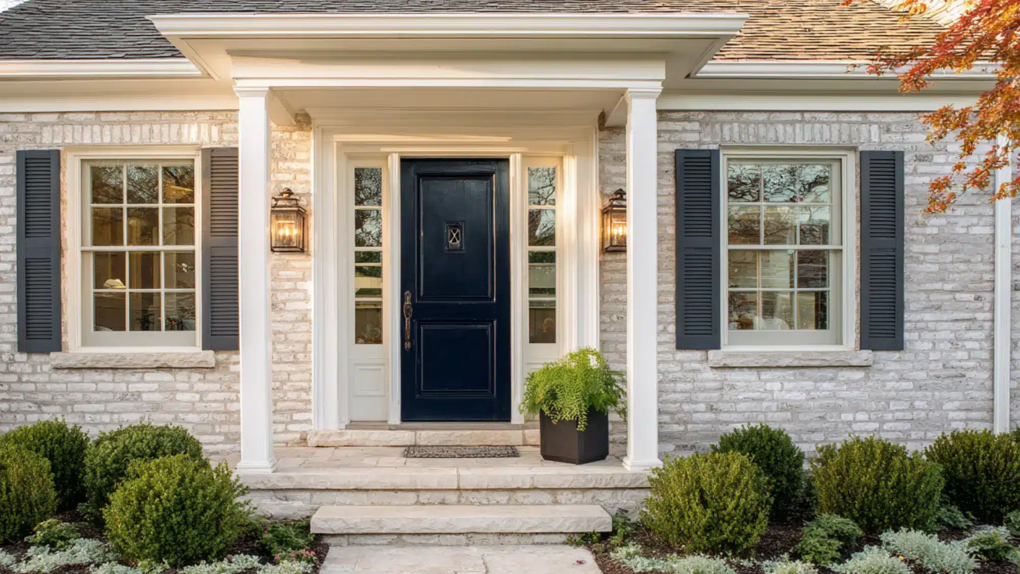 A modern light gray brick house features large black windows a stone walkway and green hedges under a clear bright blue sky