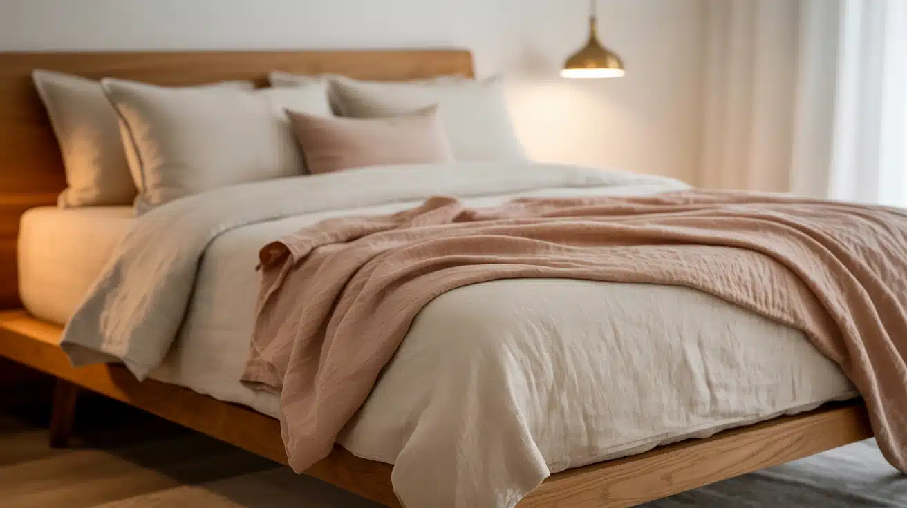 A modern wooden bed with layered neutral linen bedding and a draped dusty rose throw blanket under a brass pendant light