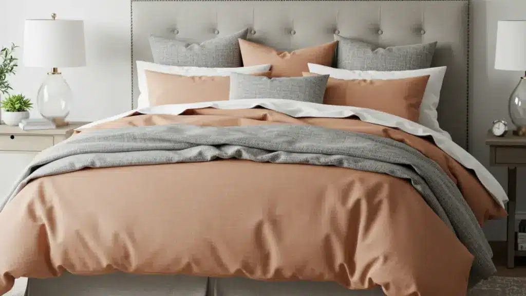 A neatly made bed with rust-colored bedding, gray throw blanket, and various accent pillows against a tufted gray headboard