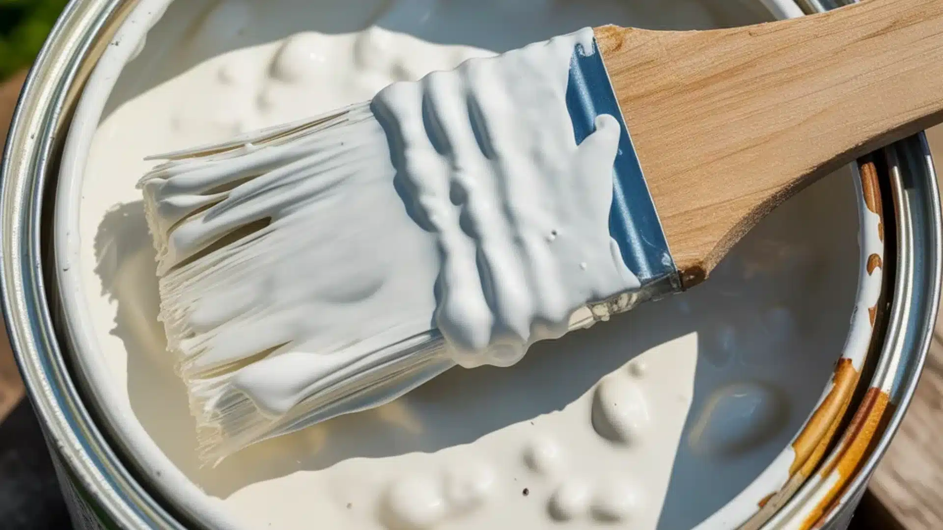 A paintbrush dipped in thick white paint with lumps, which is in an open can