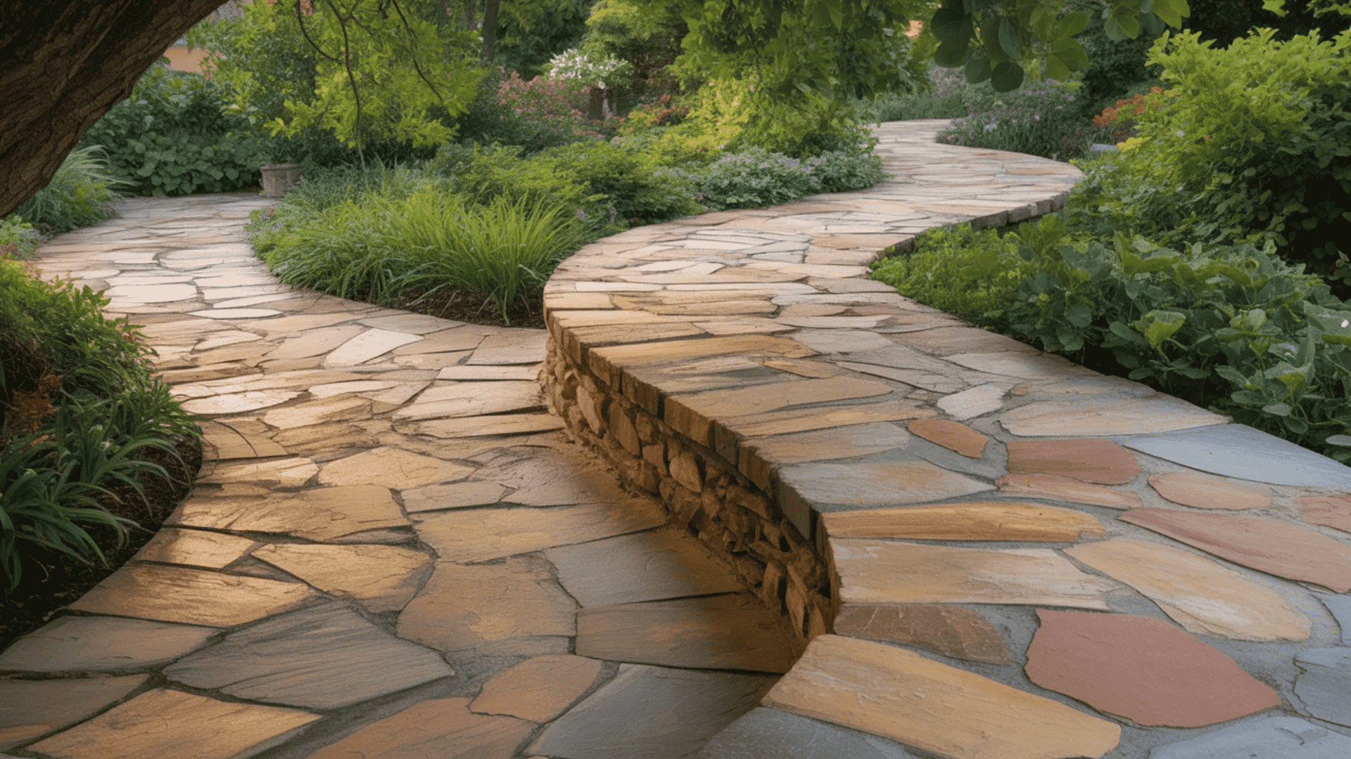 A serene garden pathway made of stones, surrounded by greenery and various plants and trees