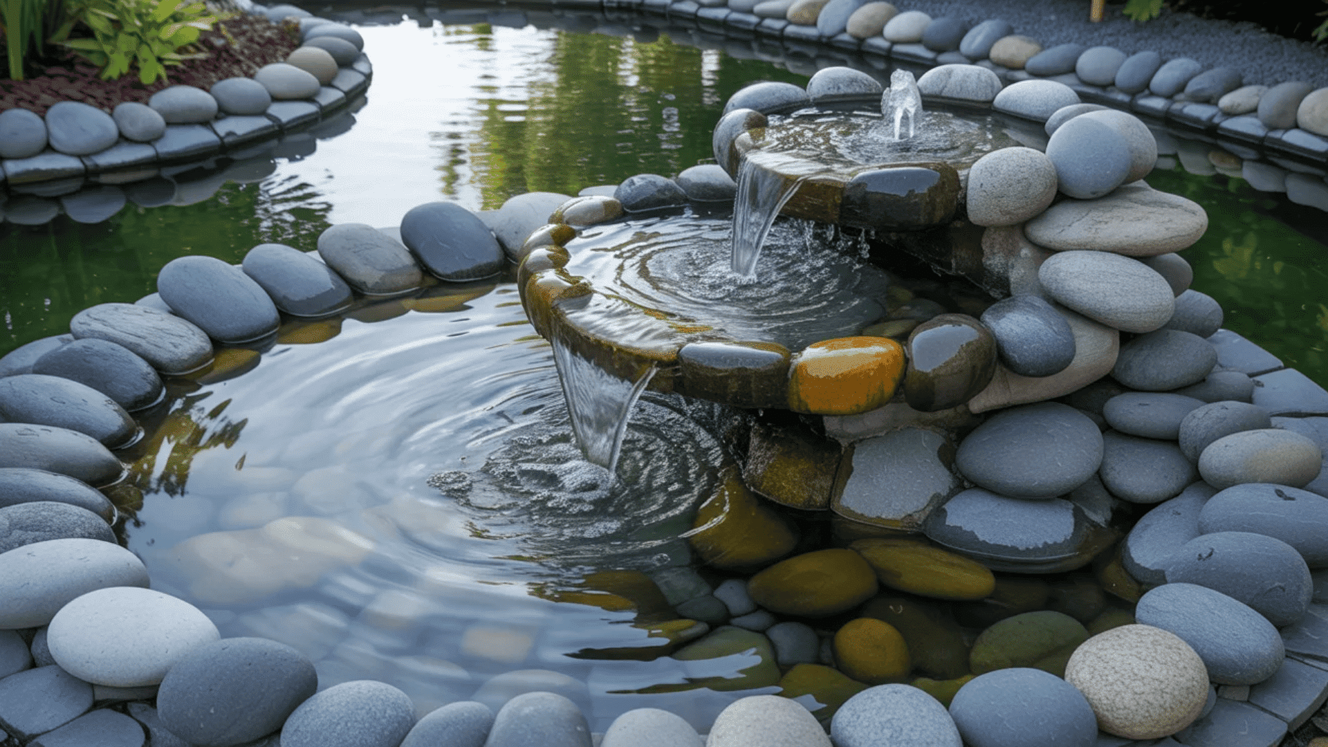 A serene water feature with smooth rocks and gently flowing water