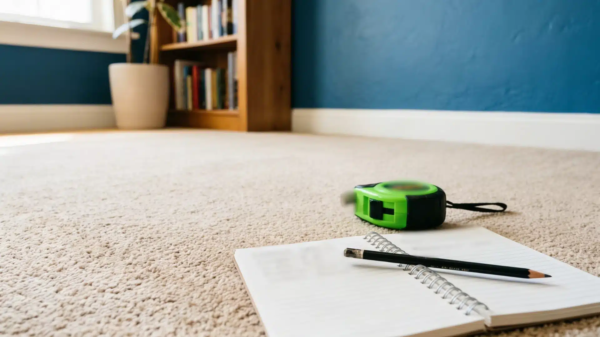 A spiral notebook and pencil rest on beige carpet next to a green tape, with a blue wall and bookshelf visible in the background