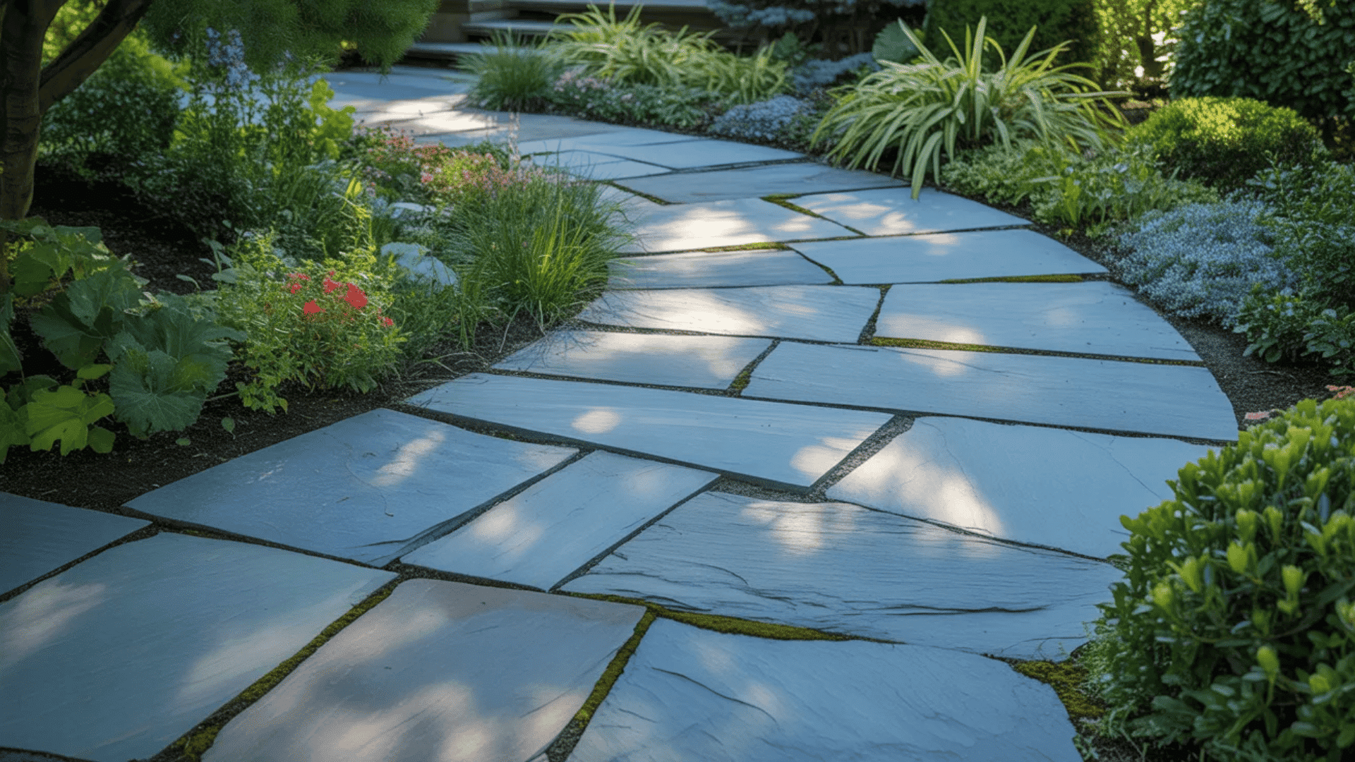 A stone pathway meanders through a lush garden filled with various plants and shrubs