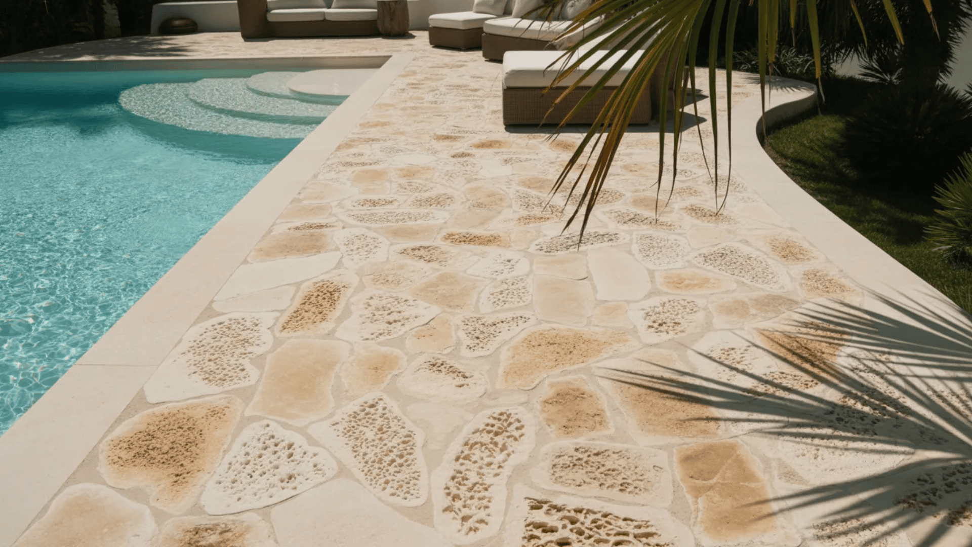 A stone walkway leads to a serene pool surrounded by a spacious patio area