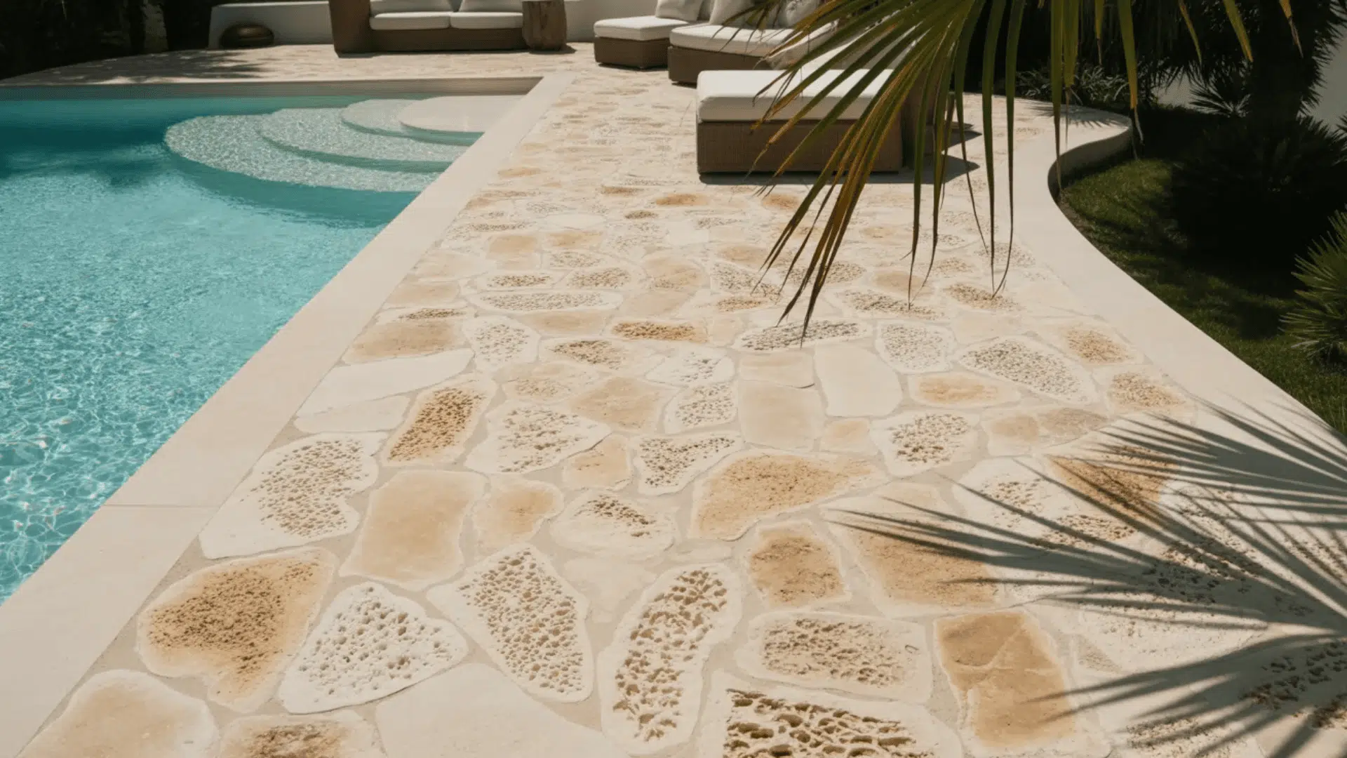 A stone walkway leads to a serene pool surrounded by a spacious patio area