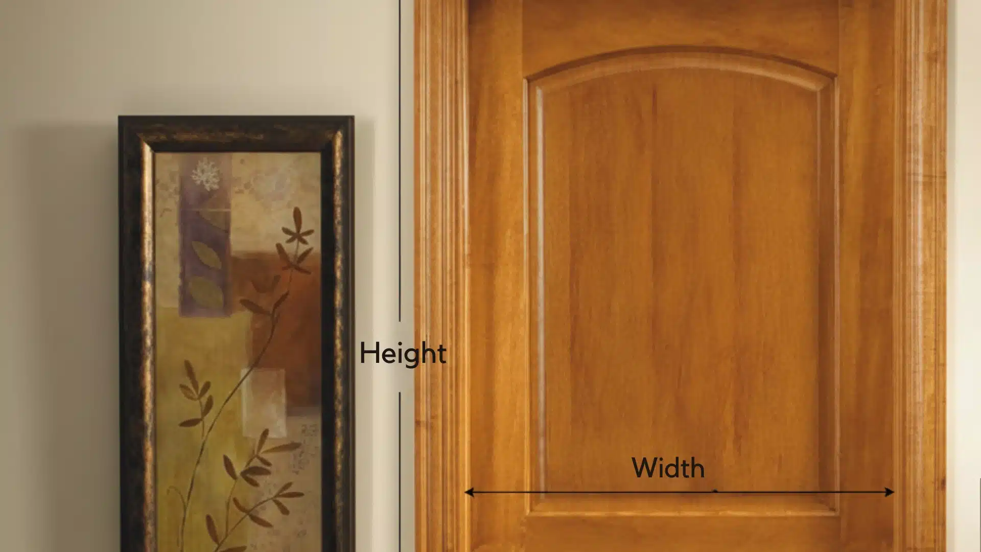 A tan wooden door has black arrows and text labels for height and width next to a framed piece of vertical floral art