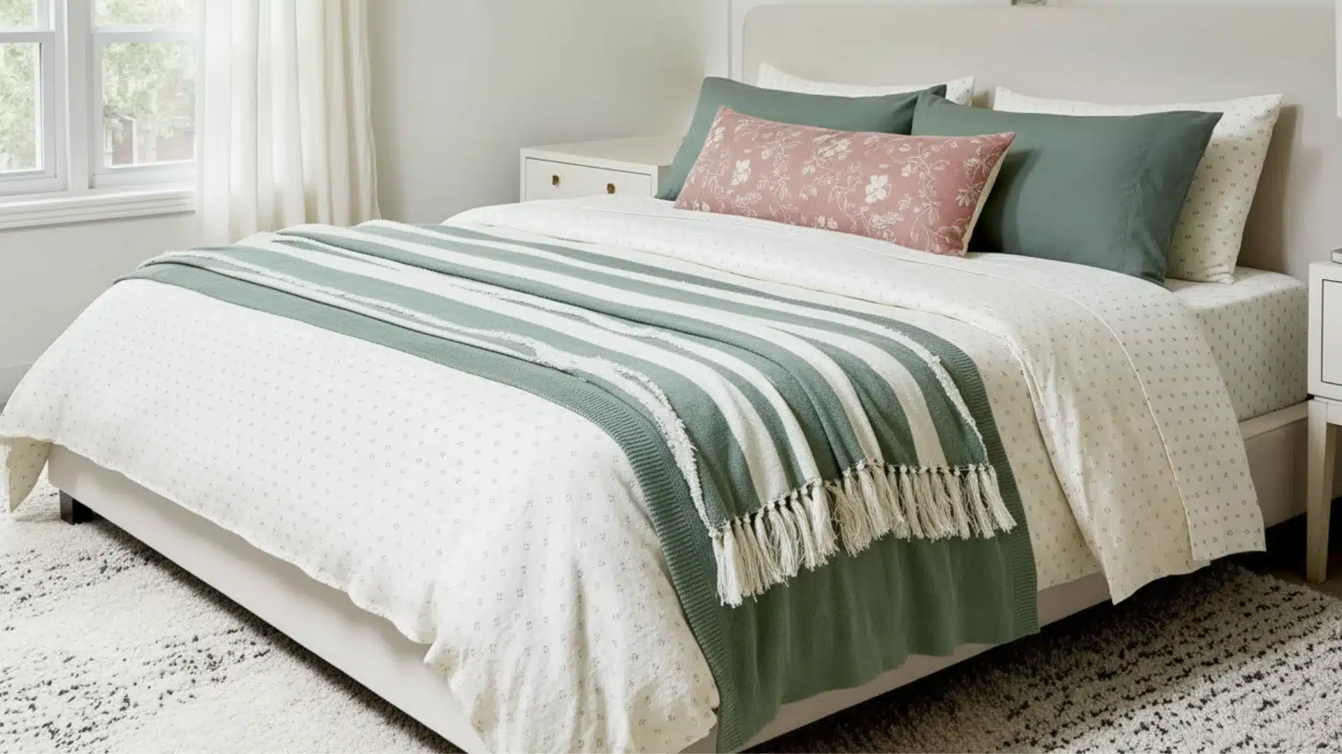 A well-layered bed with white subtly dotted sheets, sage green pillows, a pink floral accent pillow, and a sage green and white striped throw blanket