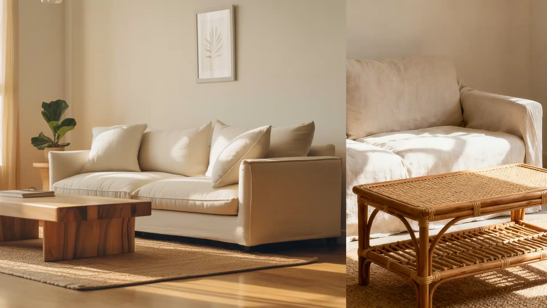 An image showcasing a neutral-toned living room, featuring a cream sofa with a wooden coffee table, and a light linen sofa beside a woven rattan coffee table