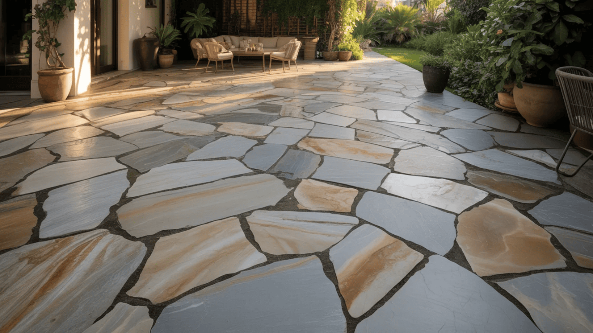 An outdoor patio with stone pavers and a set of chairs for relaxation