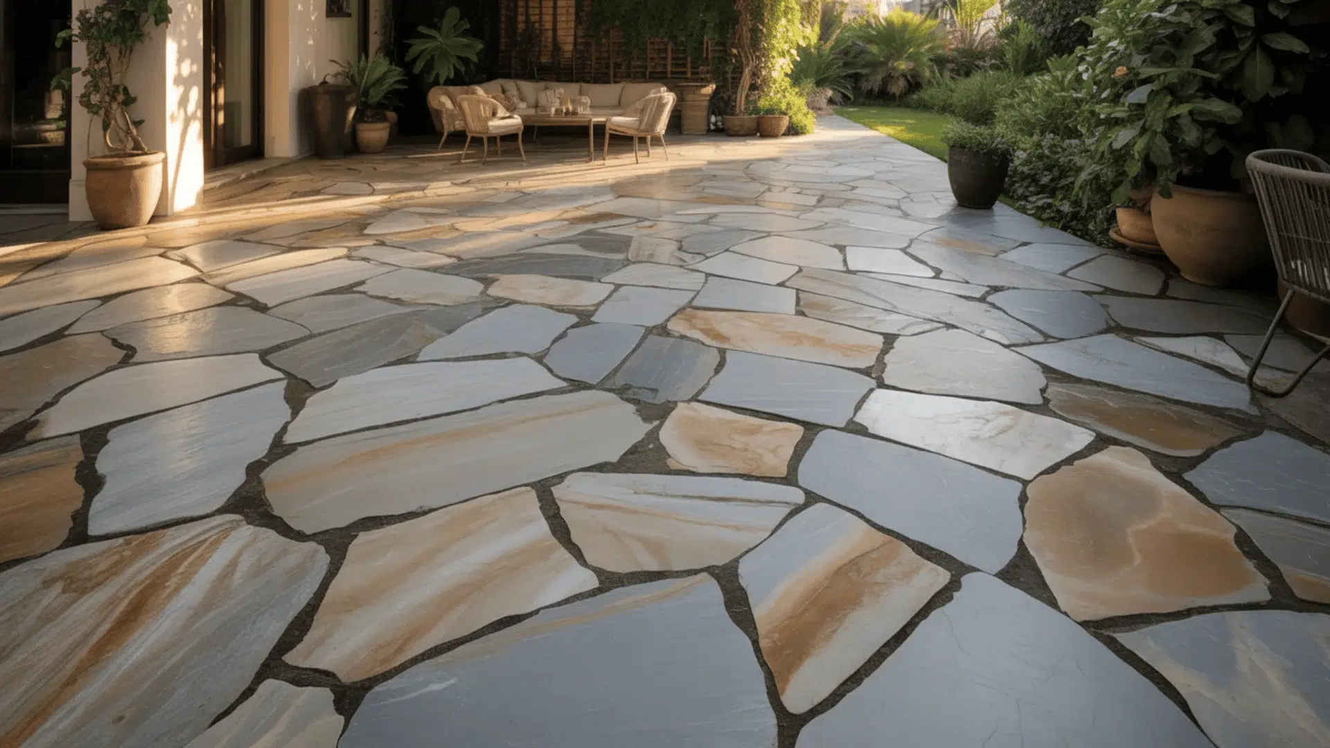 An outdoor patio with stone pavers and a set of chairs for relaxation