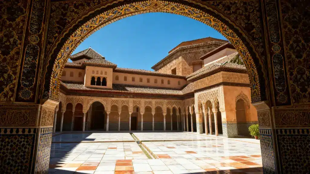 Andalusian Architecture History Features Examples seen in a courtyard with tiled roofs and many small arched windows