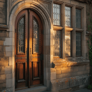 Arched wooden Tudor door with leaded glass panels beside tall narrow windows in stone wall