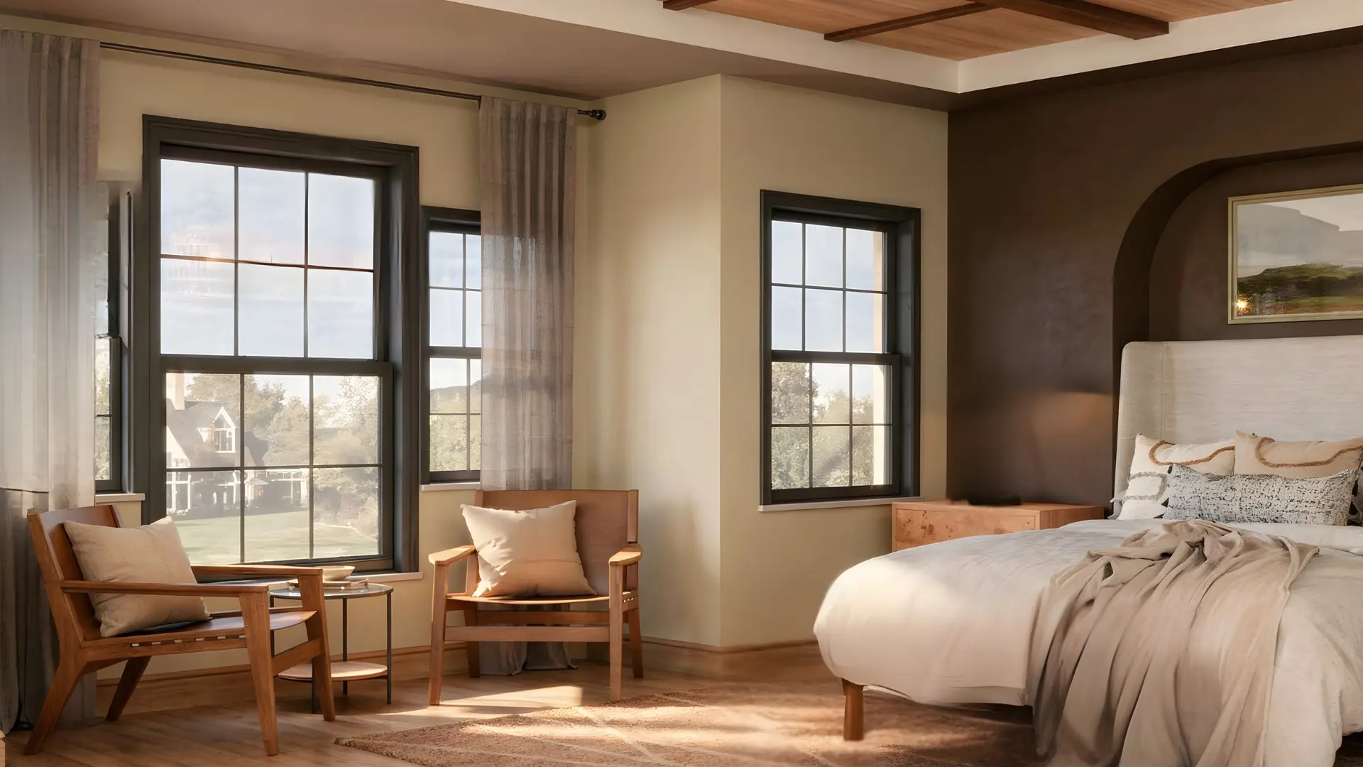 Bedroom with brown accent wall neutral bedding two wood chairs jute rug woven pendant light and large black windows
