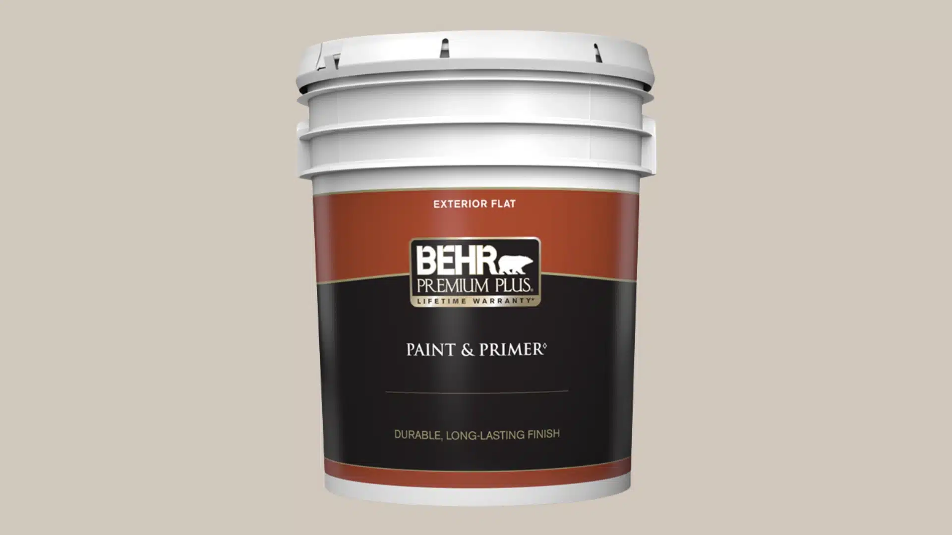 Behr Premium Plus 5-gallon interior paint can, showcasing its branding and product details