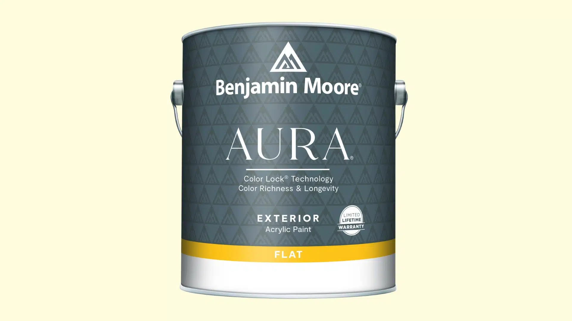 Benjamin Moore Aura exterior flat paint can, featuring a vibrant color and clear labeling for easy identification