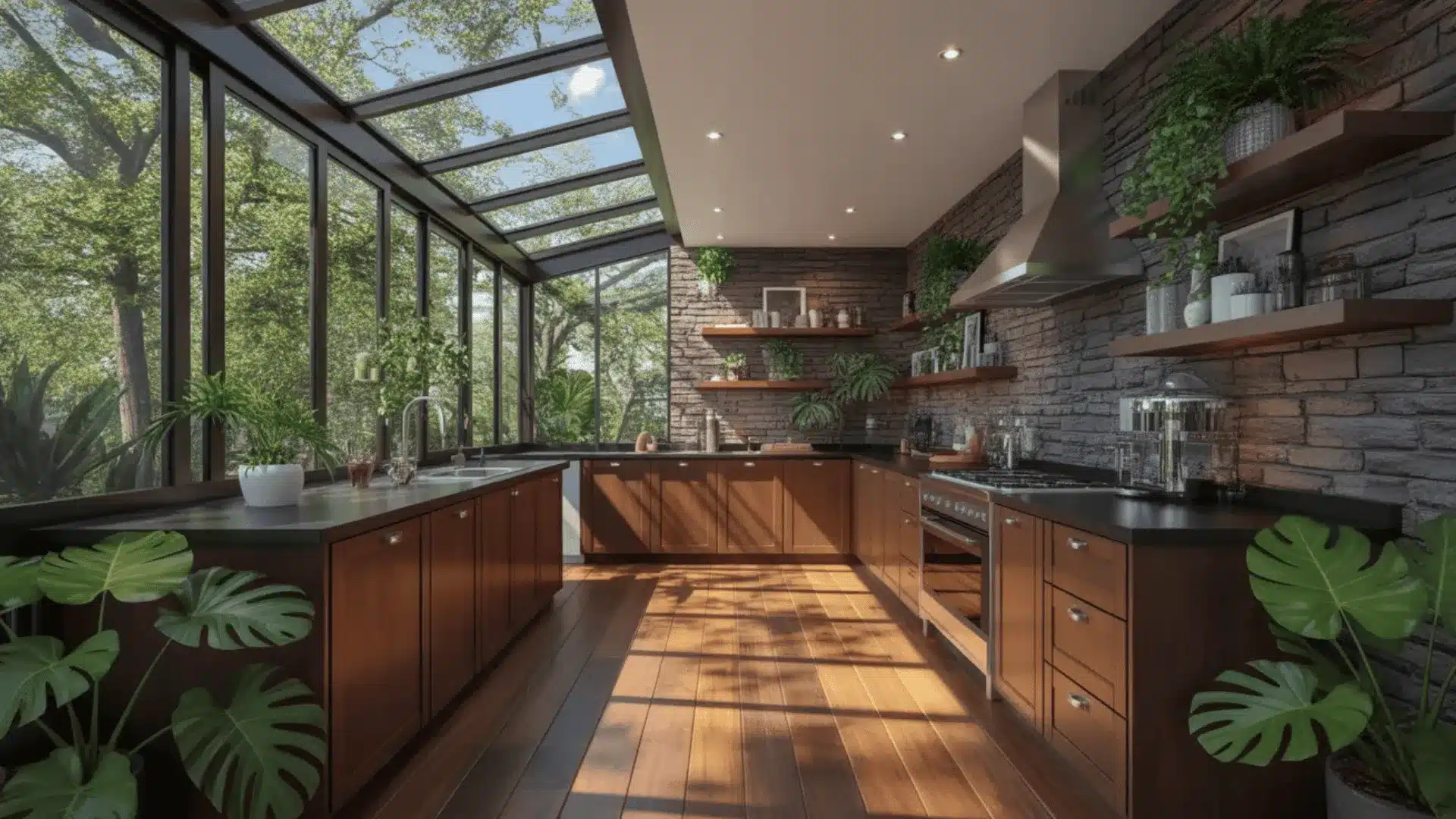 Biophilic kitchen corner with plants, wood cabinets, stone wall, and sunlight through glass ceiling