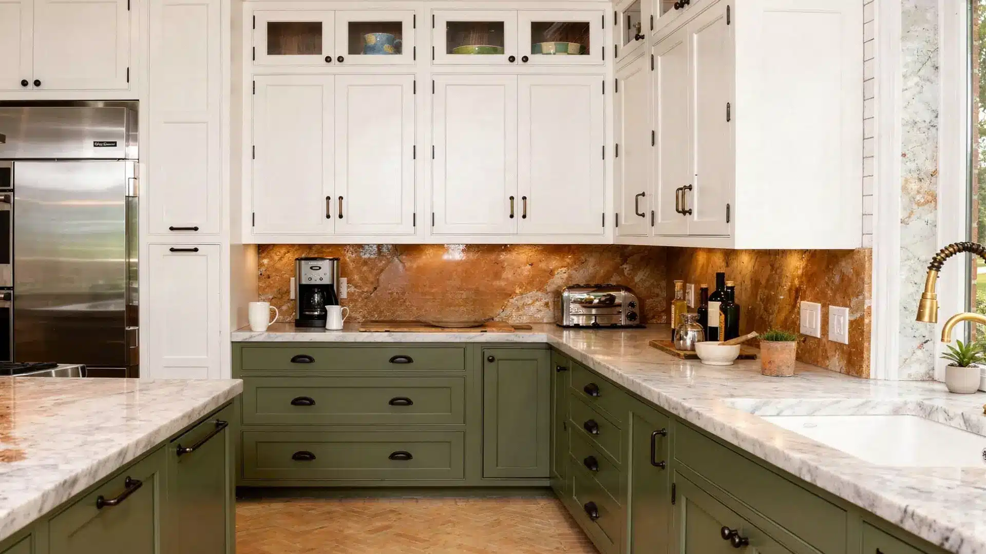 Bright kitchen with white upper cabinets olive green base drawers marble counters brown stone backsplash and brass faucet