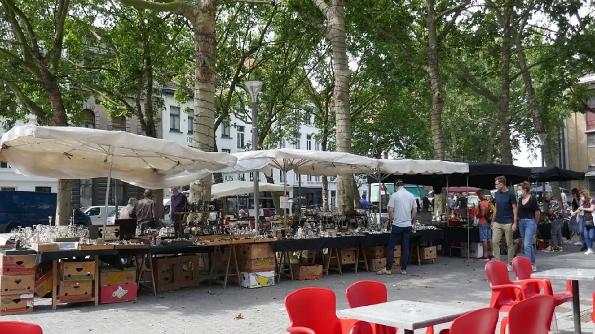Brocante market in Antwerp with shaded stalls, vintage items on display, and visitors browsing under tree-lined street
