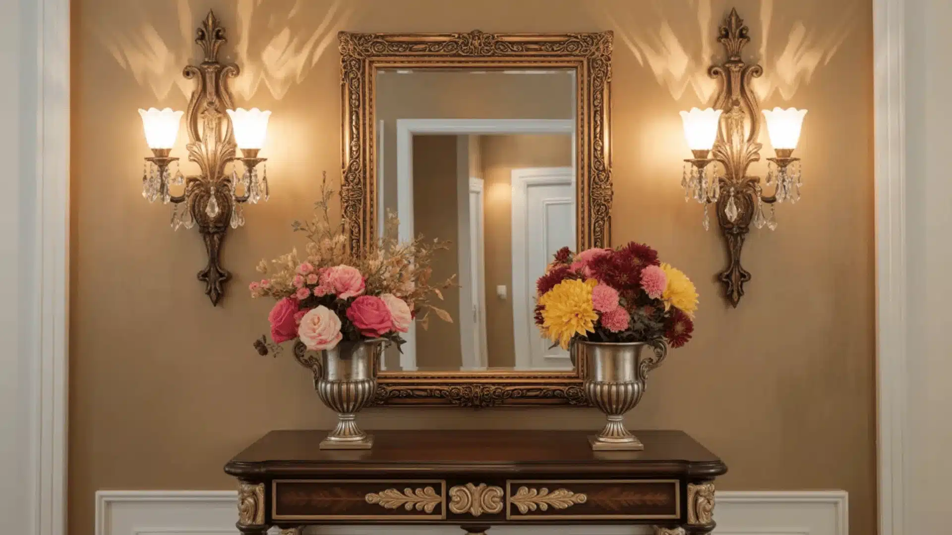 Classic wall corner with ornate mirror, twin sconces, floral vases, and carved wood console