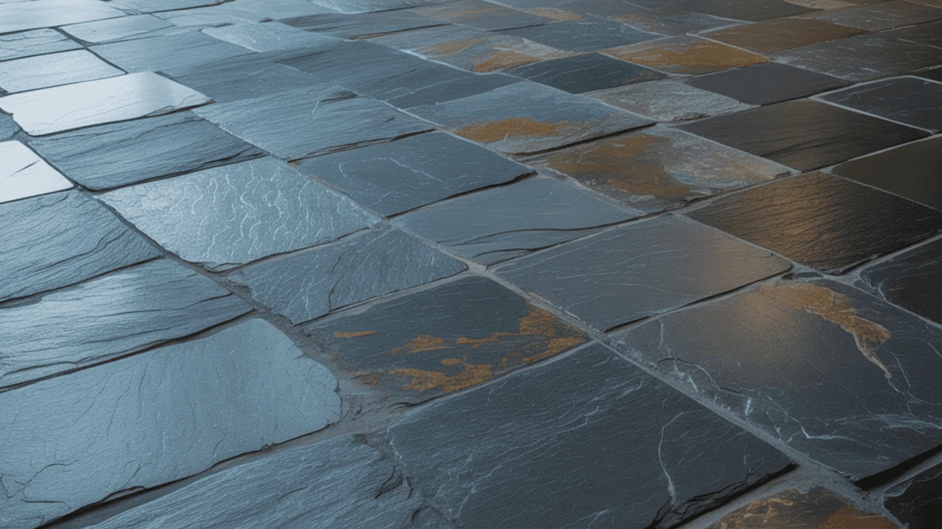 Close-up of a tiled floor featuring a pattern of black and brown tiles arranged in a geometric design