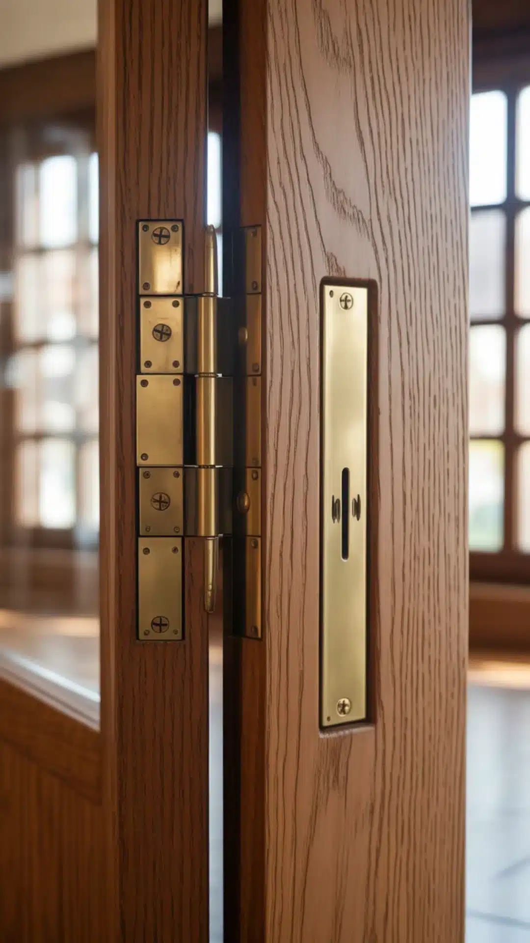 Close up of a wooden door hinge and brass latch plate, showing precise joinery and polished hardware detail.