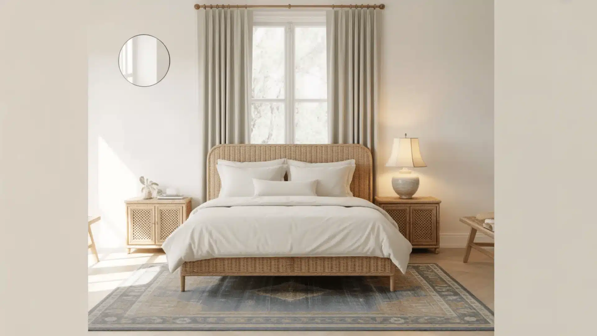 Coastal bedroom corner with rattan bed, white linens, soft curtains, and warm bedside lamp