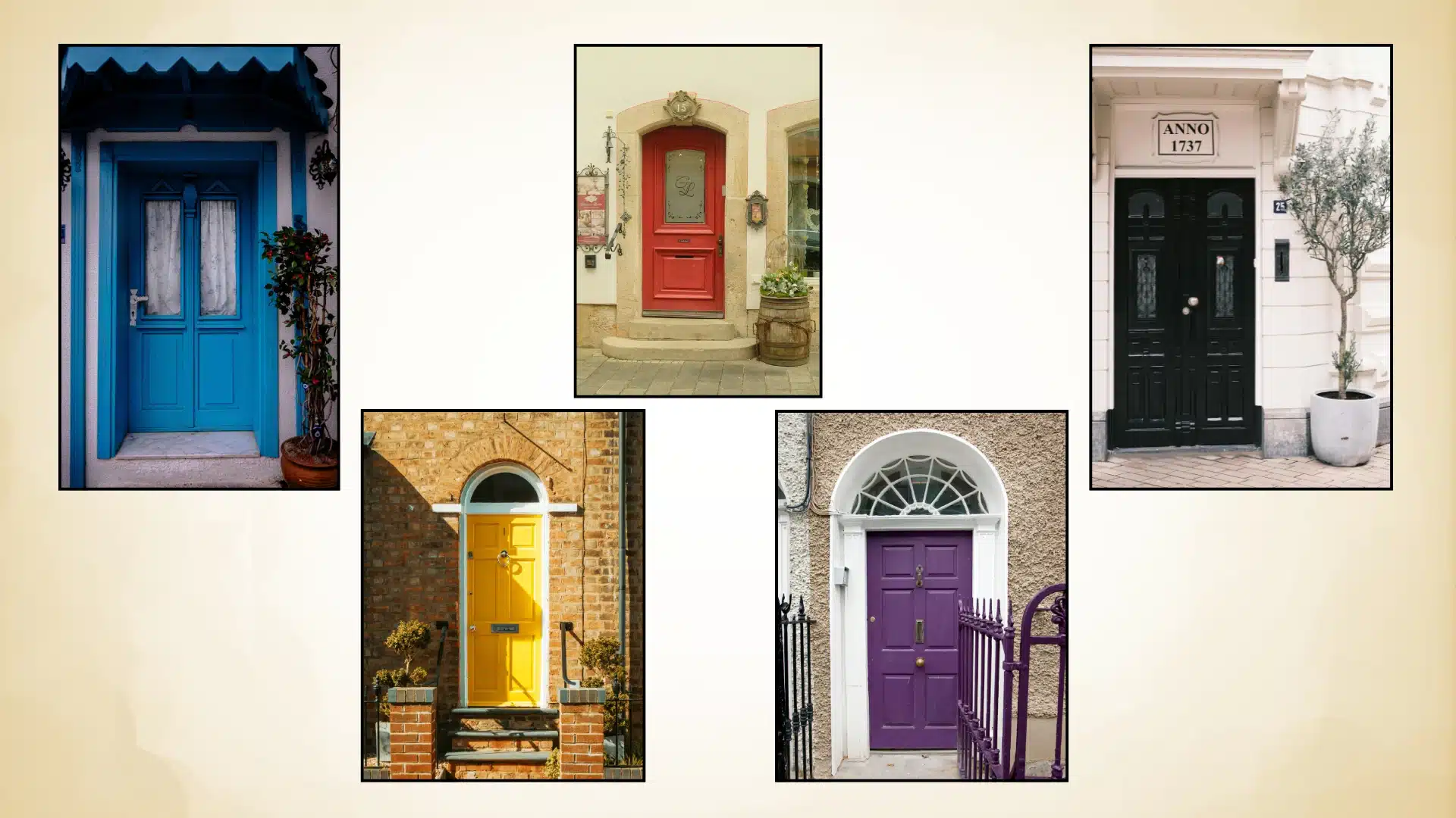 Collage of five colorful doors; blue, red, black, yellow, and purple on a light background
