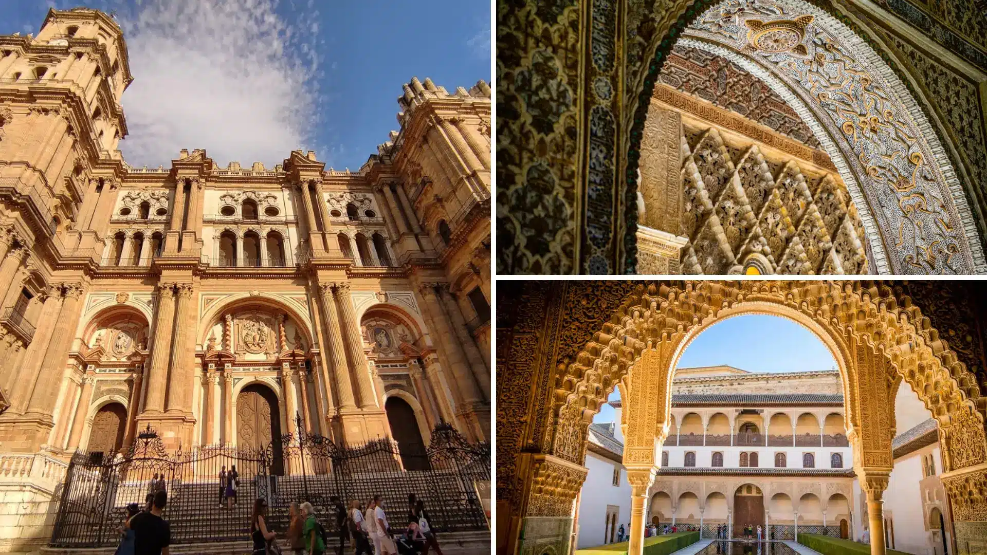 Collage showing a grand stone cathedral exterior with crowds and two views of ornate arches featuring intricate carvings