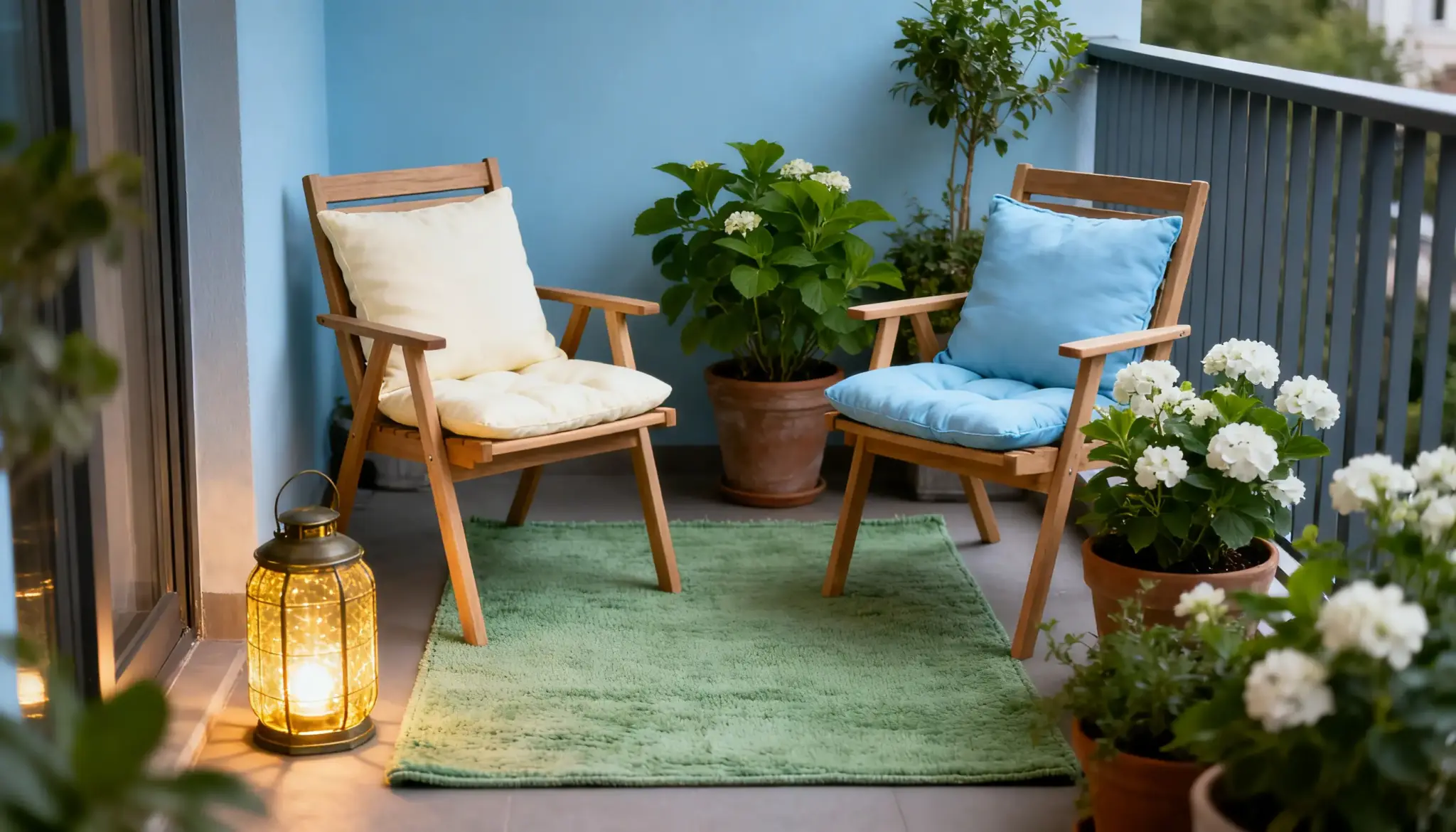 Cozy balcony seating area featuring two wooden chairs with light cushions, a green rug, potted white flowers, and a lit lantern against a light blue wall